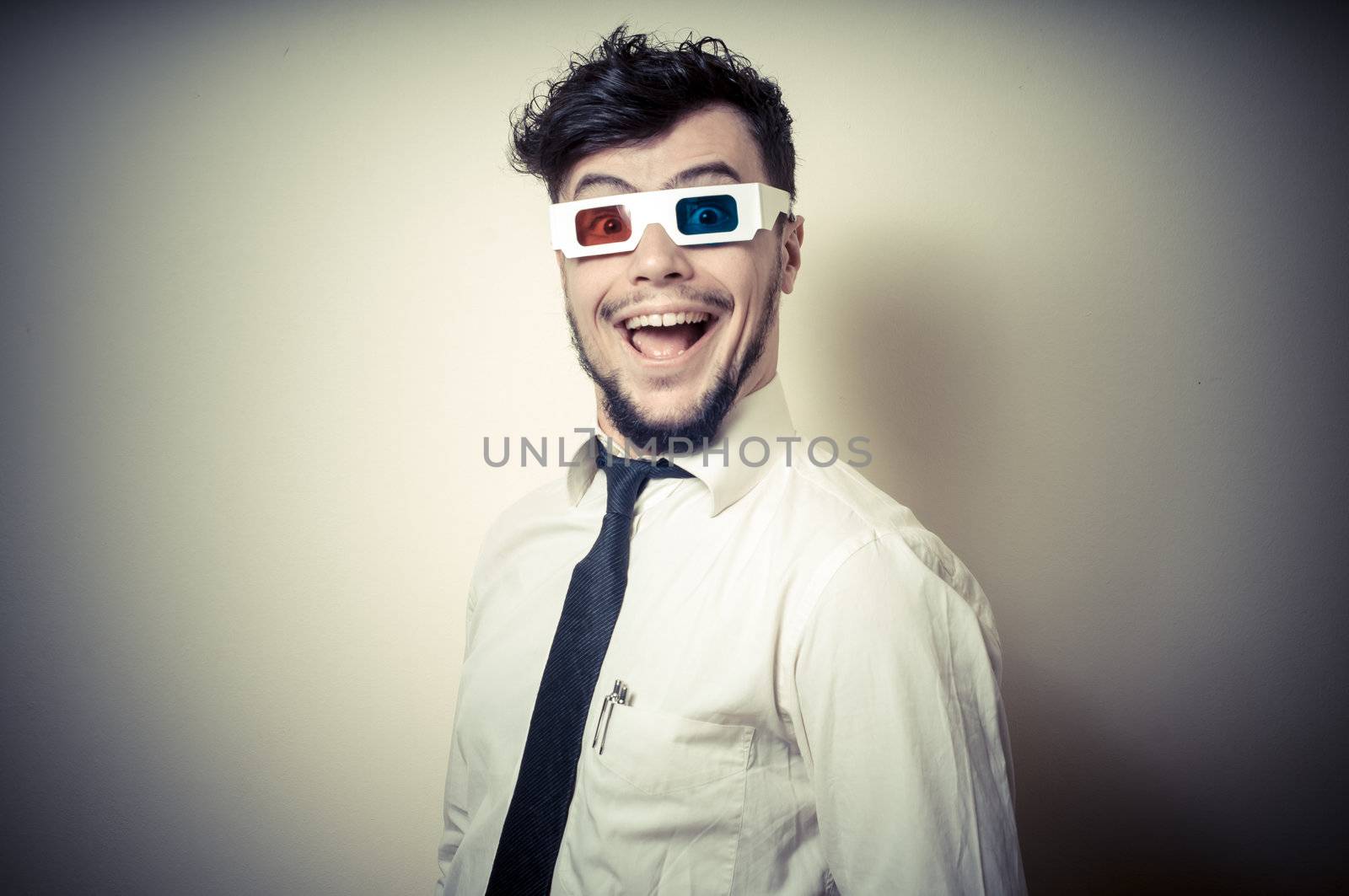 funny businessman with 3d eyewear on gray background