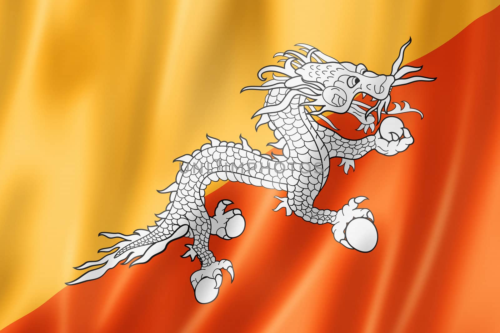 Bhutan flag, three dimensional render, satin texture