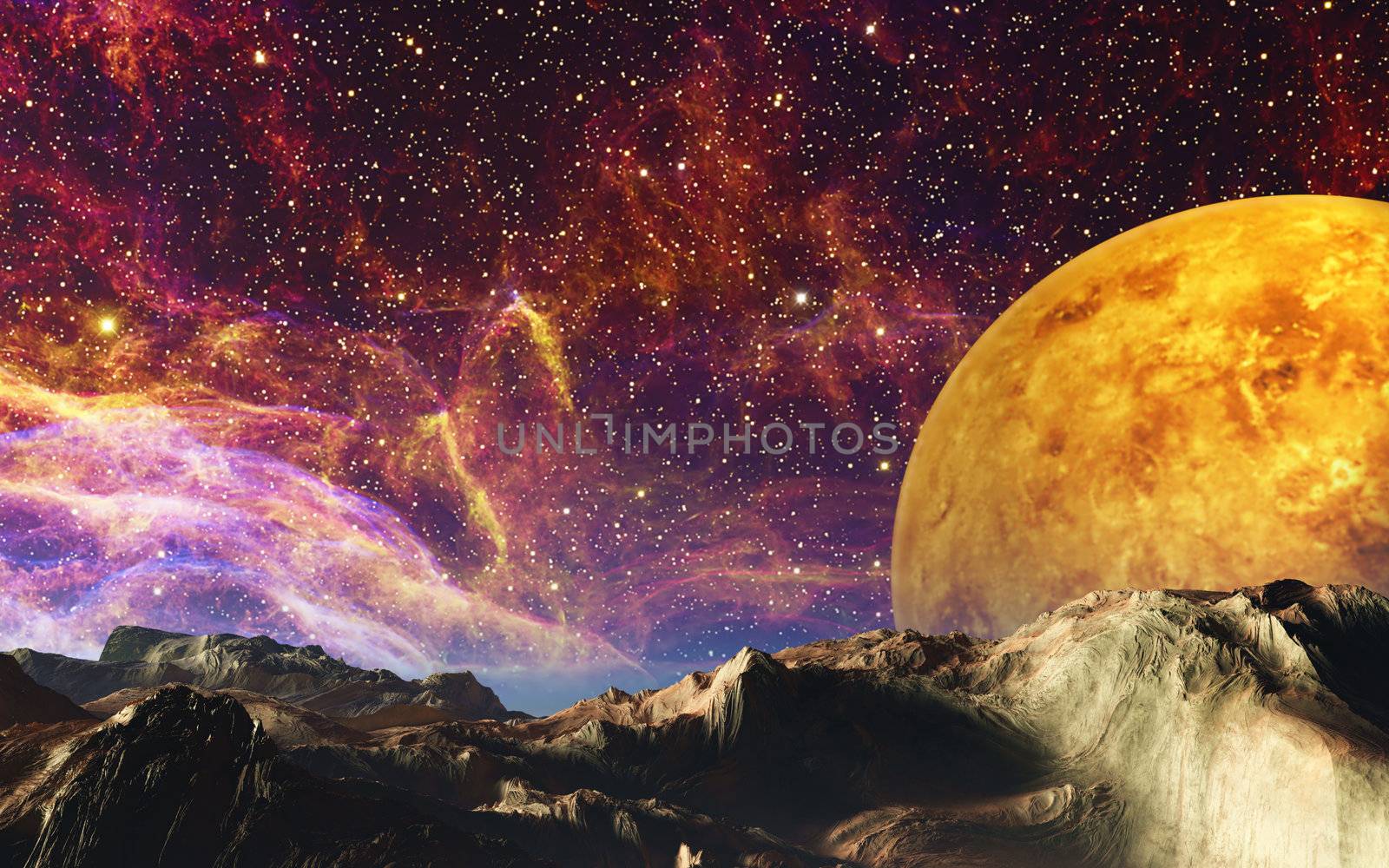 This image shows a landscape from a unknown planet with nebulae