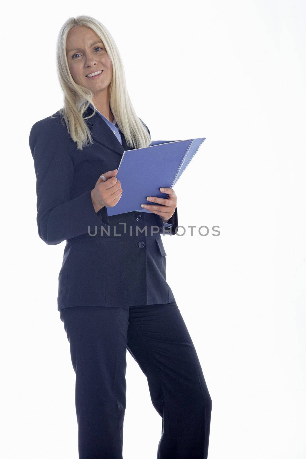 Young business professional holding blue folders on an isolated background