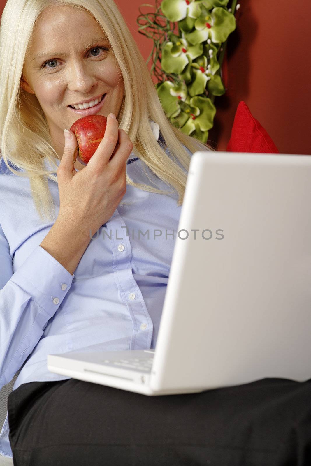 Woman sat on sofa using laptop by studiofi