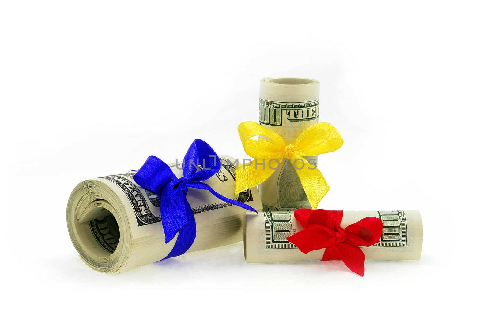 Money gift with color ribbon isolated on a white background

