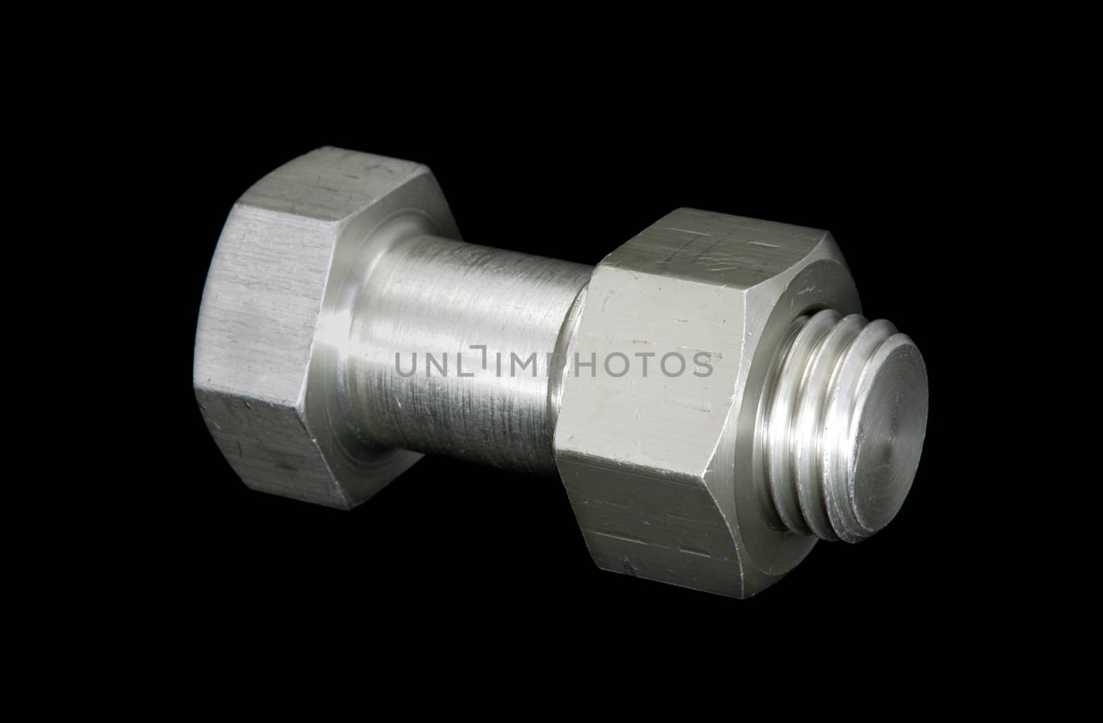 aluminum bolt and nut isolated on black background