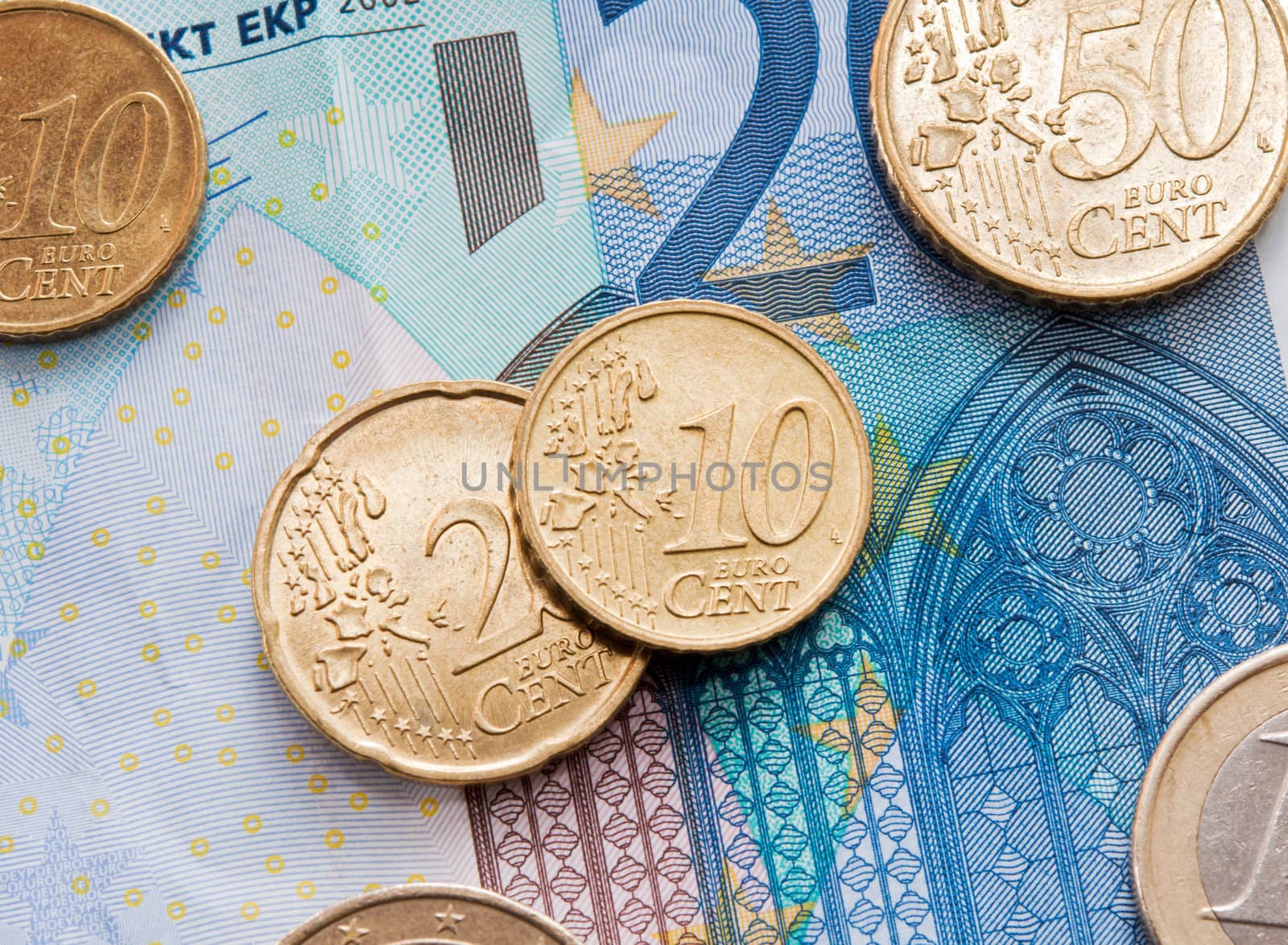 Euro Banknotes and coins closeup. 
