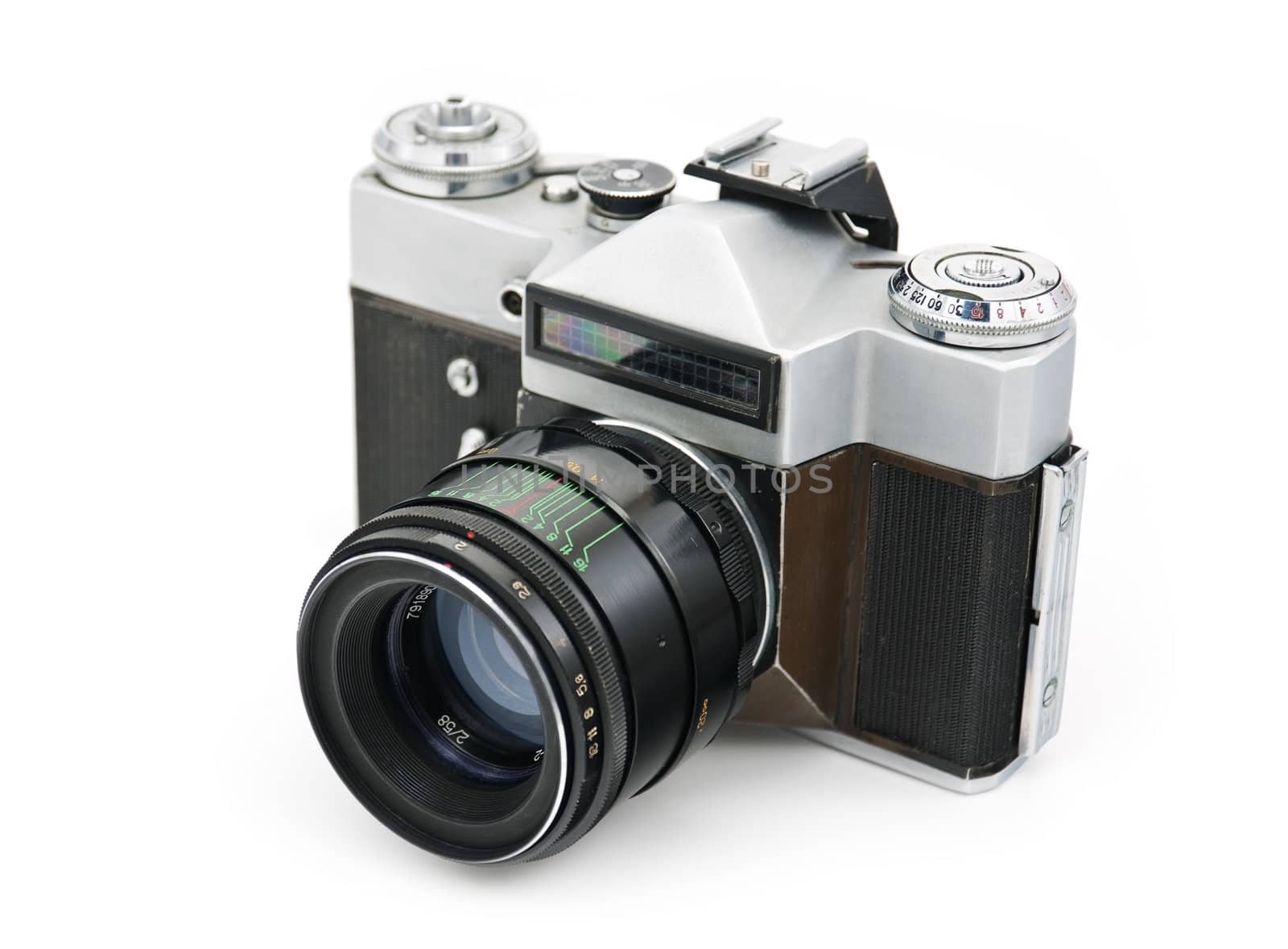 Isolated vintage classic manual film camera on white background.