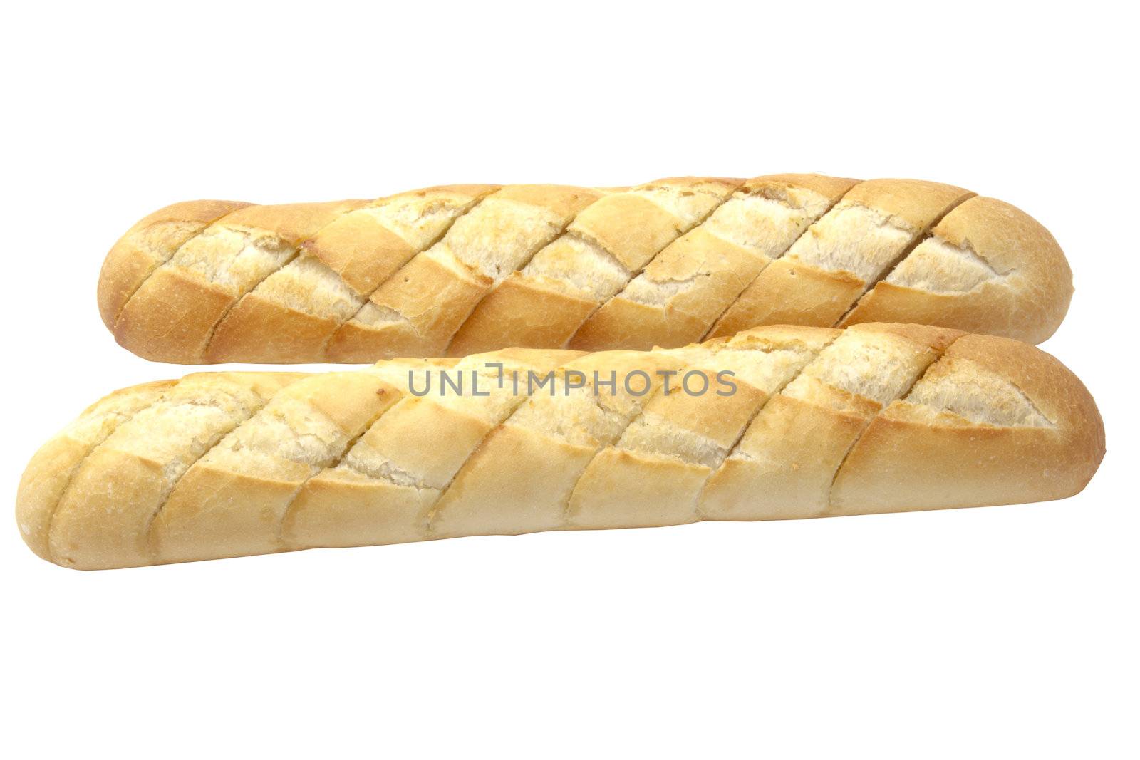 Garlic baguette closeup on white background