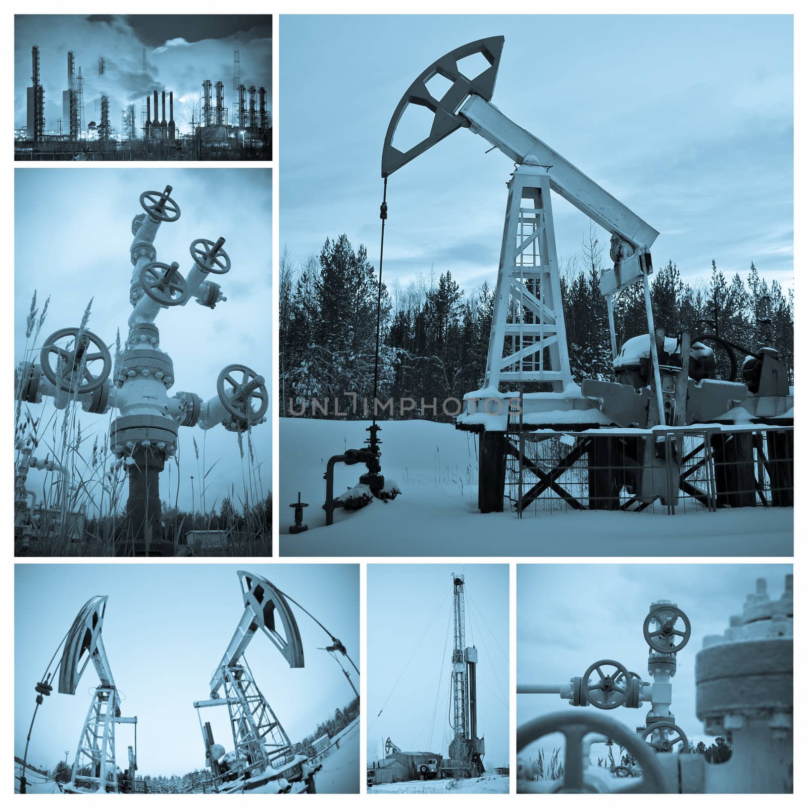 Oil and gas industry. Collage, monochrome, toned blue.
