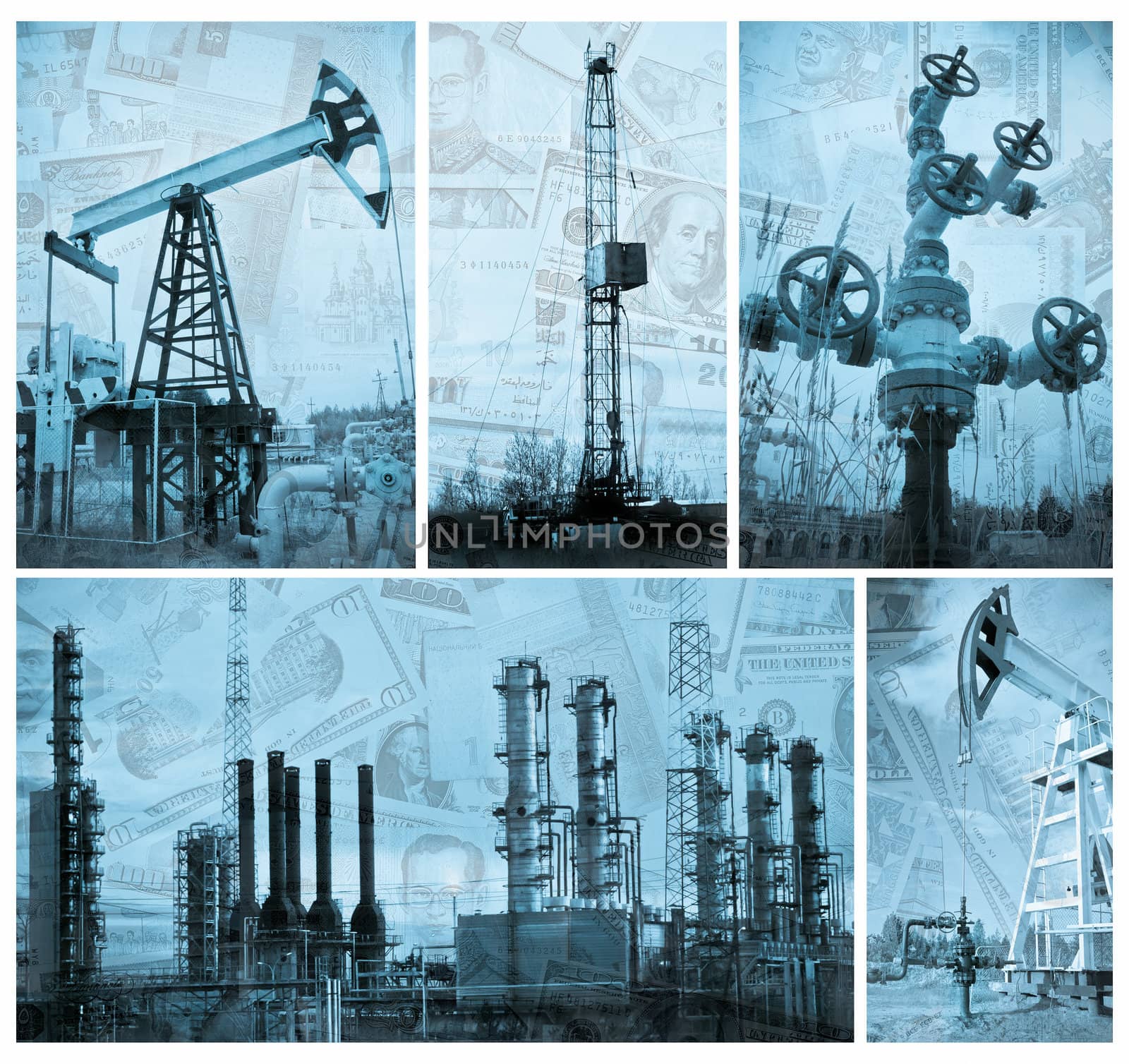 Oil, gas industry and money.  Industrial and financial background. Collage. Monochrome.