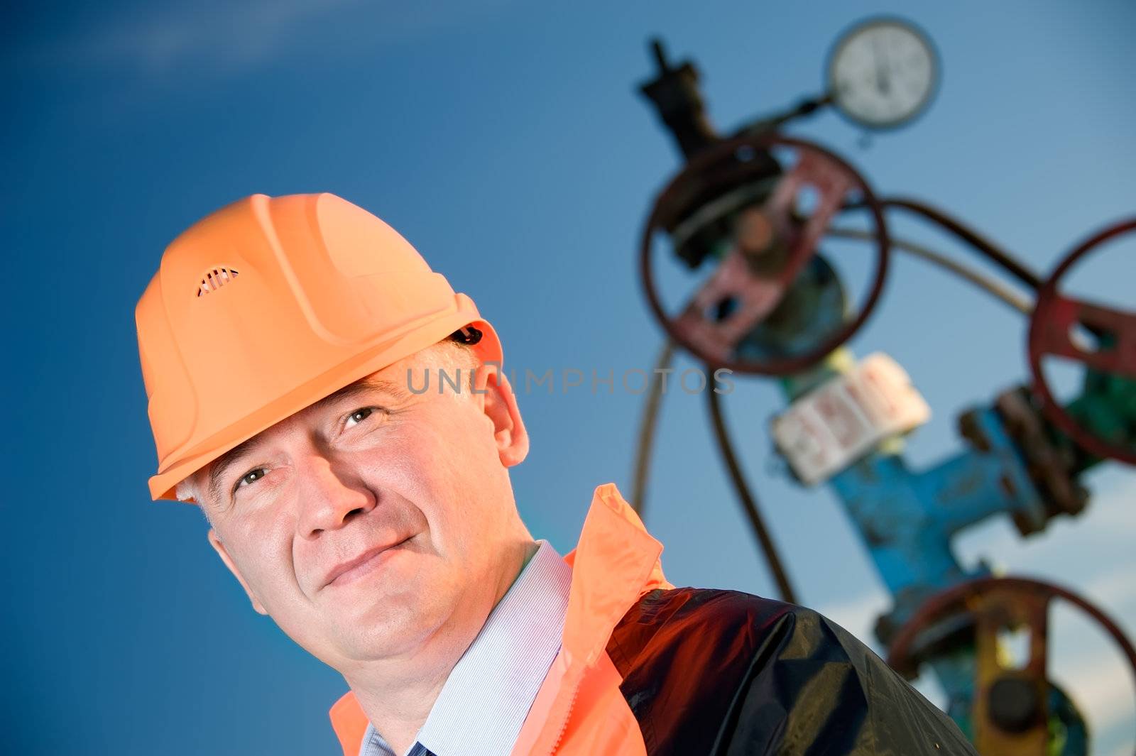 Oil worker in orange uniform and helmet on of background the valves, piping and sunset sky.