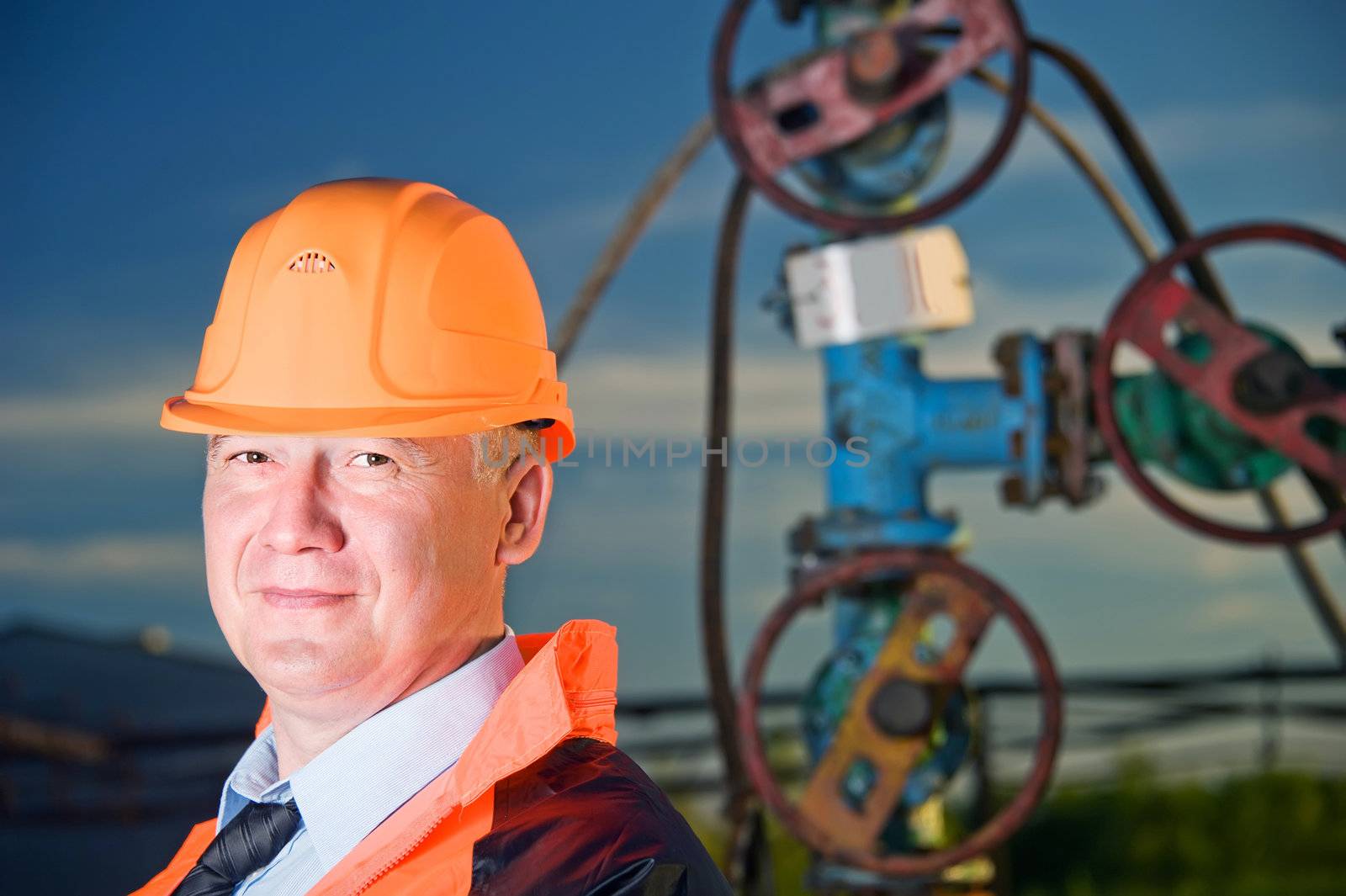 Oil worker in orange uniform and helmet on of background the valves, piping and sunset sky.