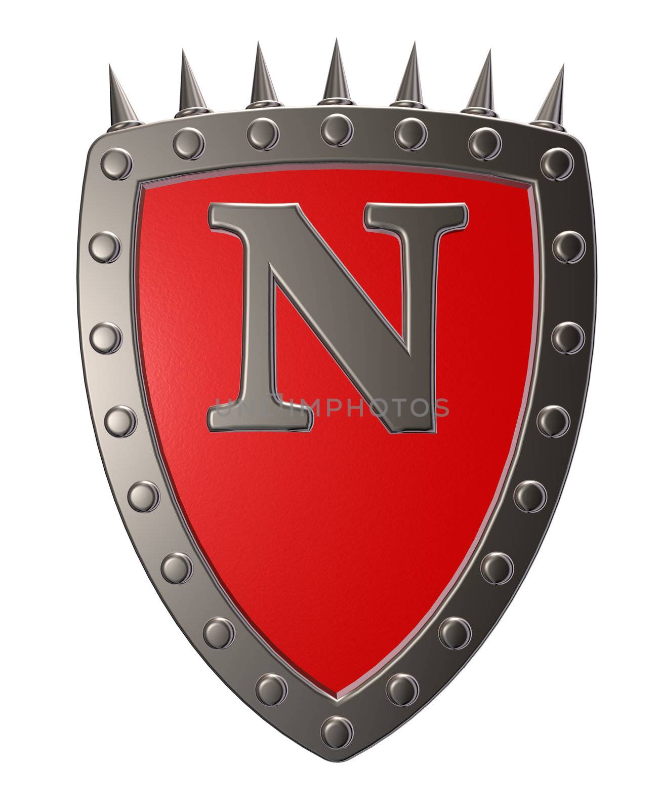 metal shield with letter n on white background - 3d illustration