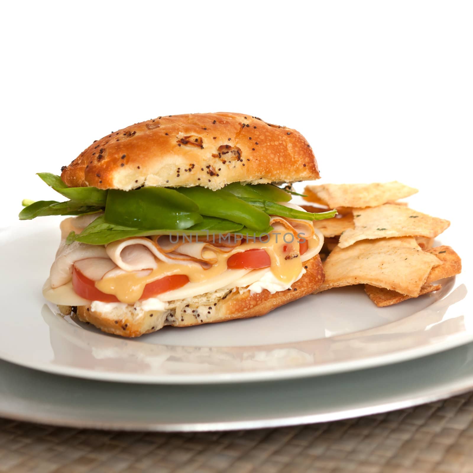 Large turkey sandwich with provolone cheese on an onion roll with fresh ingredients and a side of pita chips in front of a white background.