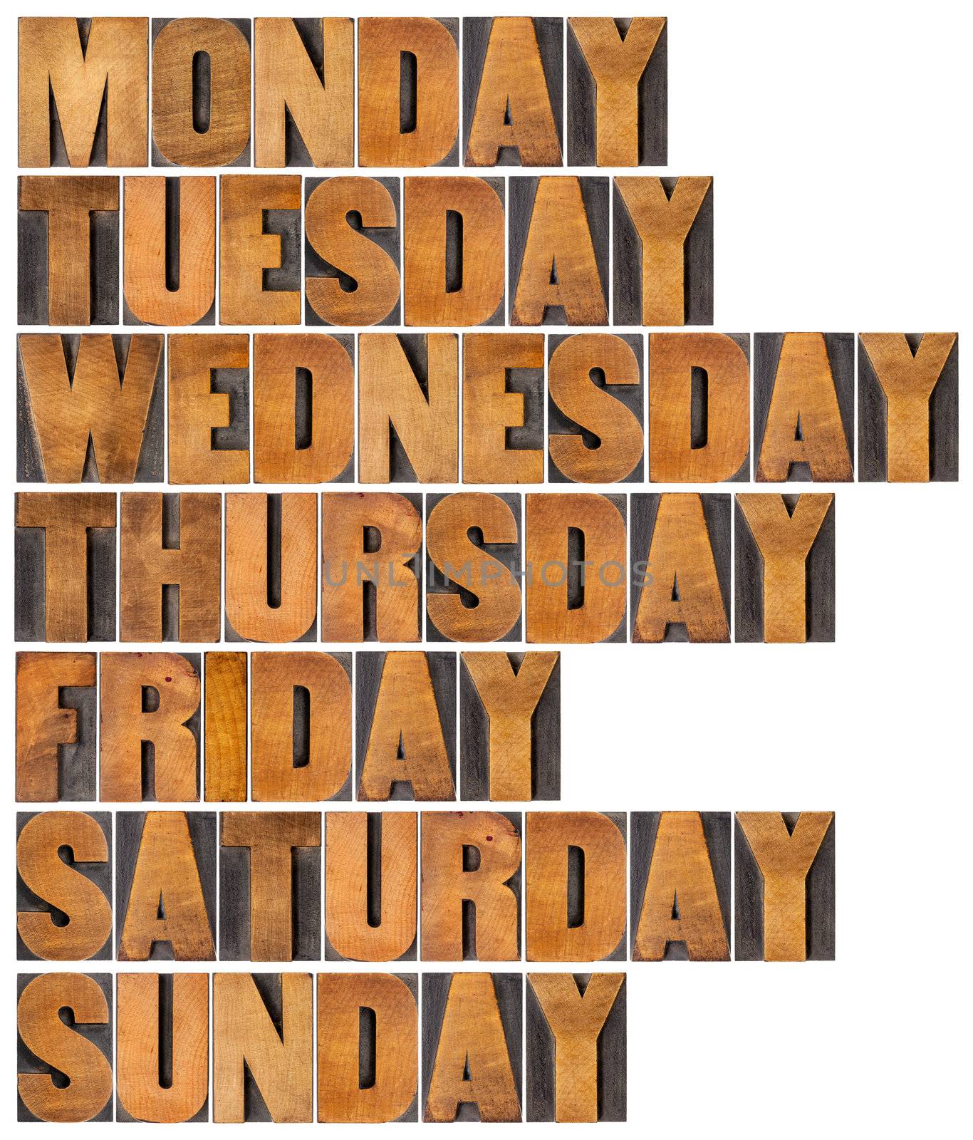 seven days of week from Monday to Sunday in isolated vintage letterpress wood type printing blocks