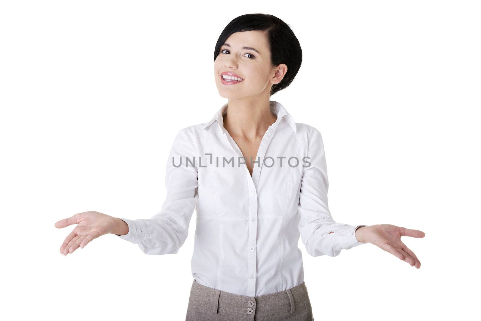 Beautiful business woman showing copy space , isolated on white