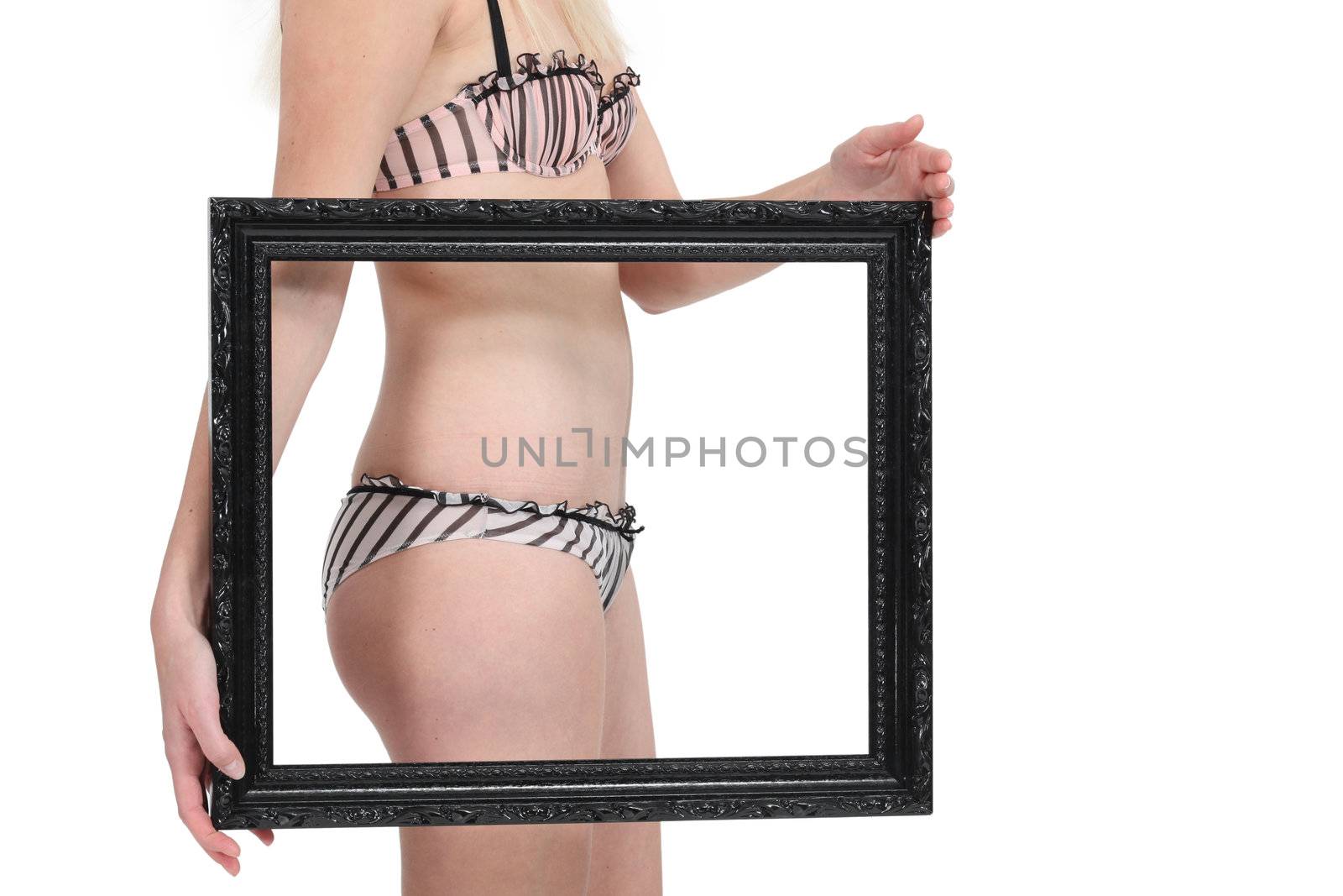 Lady in underwear holding black frame