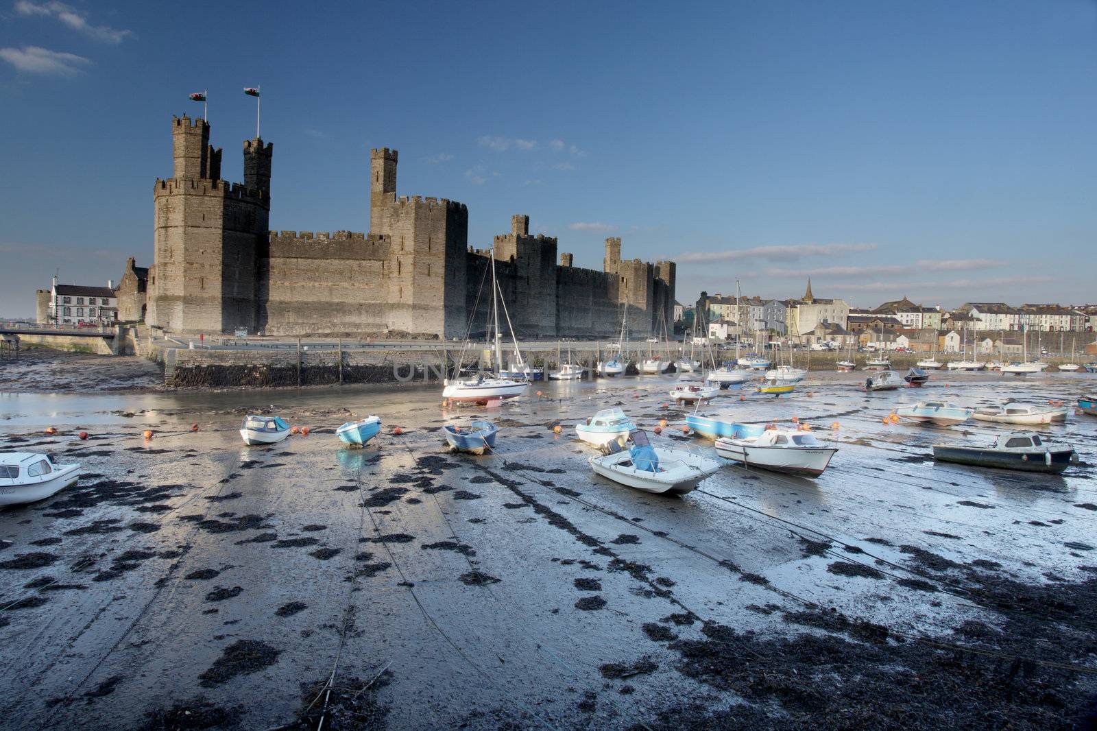 Medievil Caernarfon castle & estuary in north Wales 