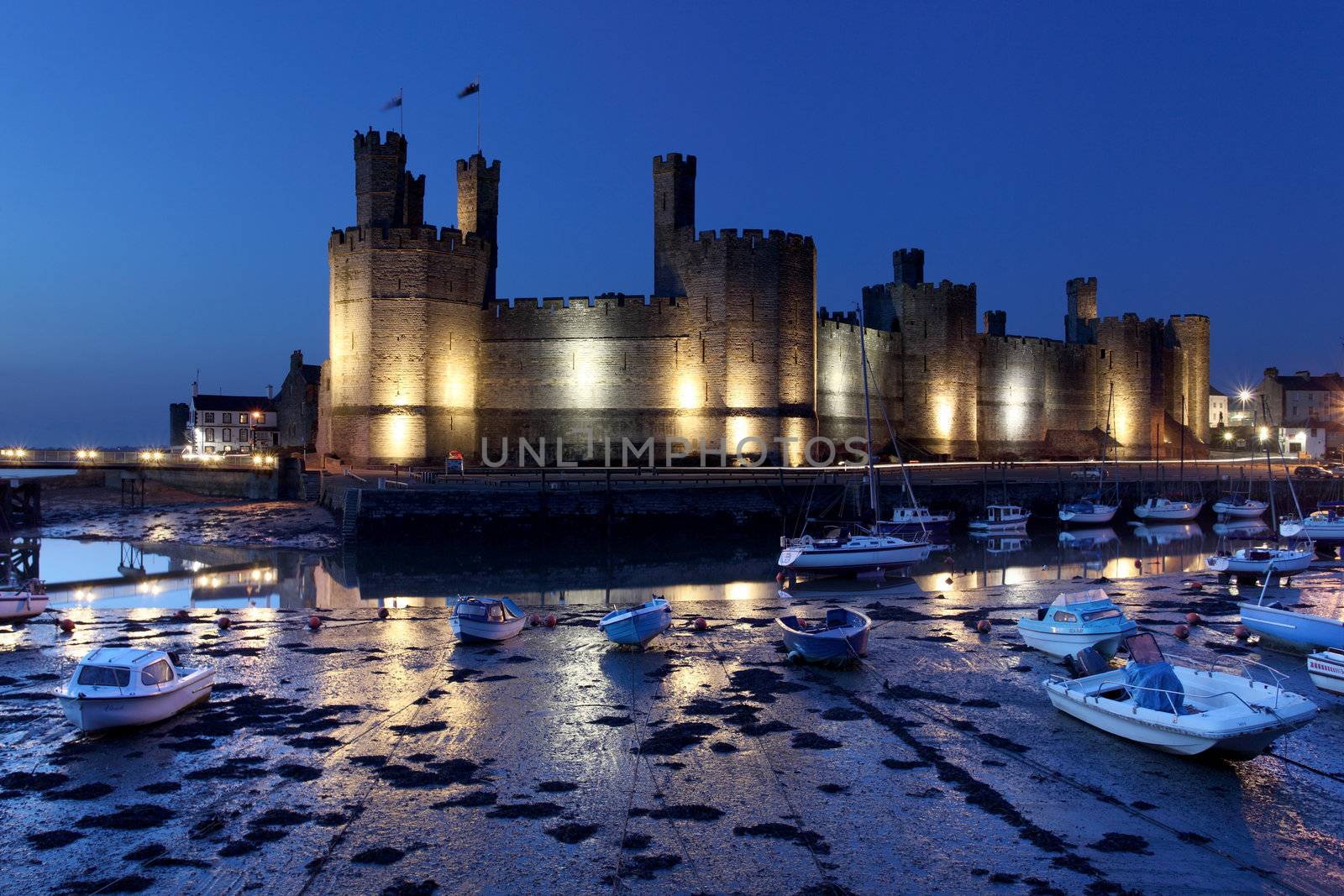 Medievil Caernarfon castle & estuary in north Wales 