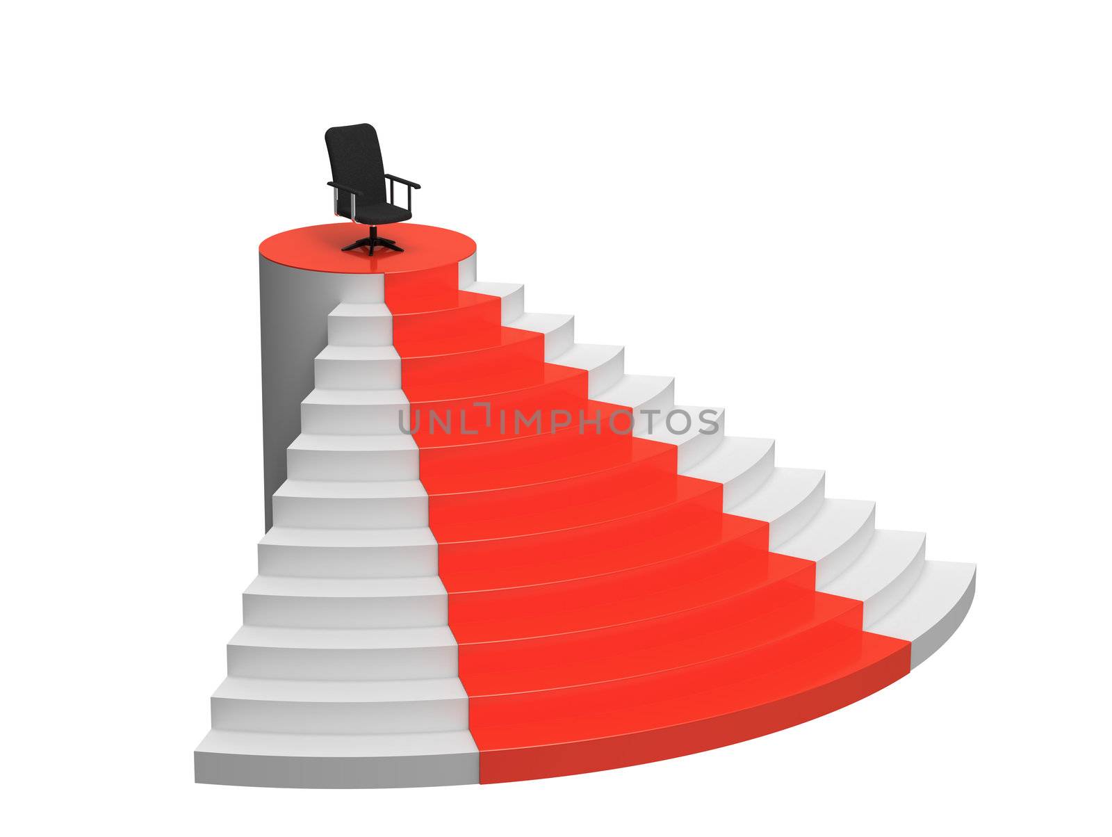 Armchair on the top of the stairs, symbol of success, 3d render, illustration