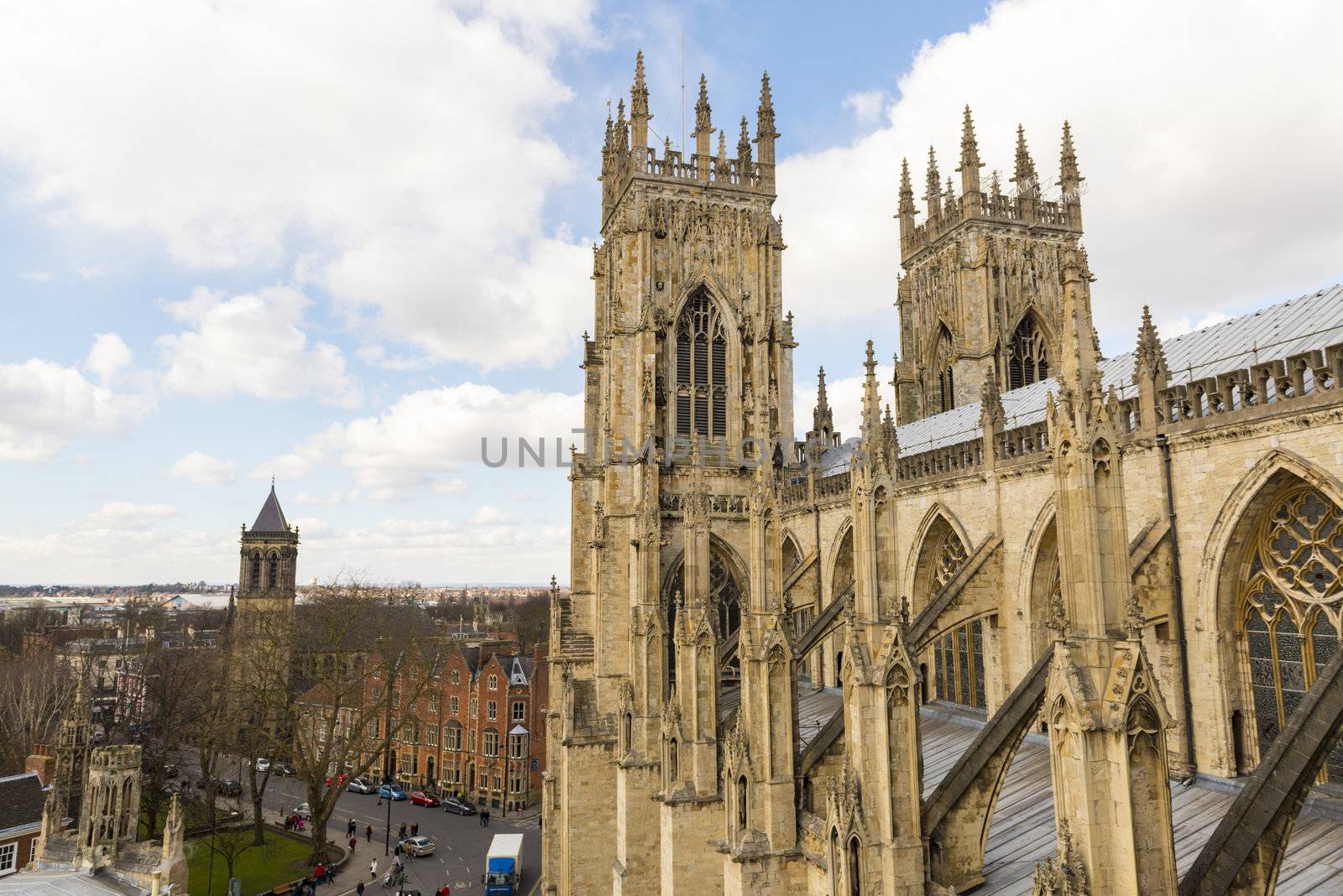 YORK, UK - MARCH 30: Roof of York Minster overlooking city. The Minster dates back from 1291 March 30, 2013 in York.