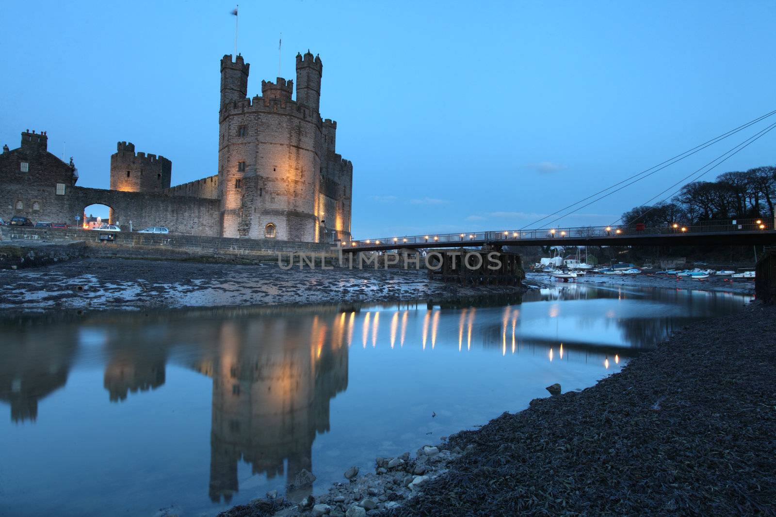 Medievil Caernarfon castle at twilight in north Wales 