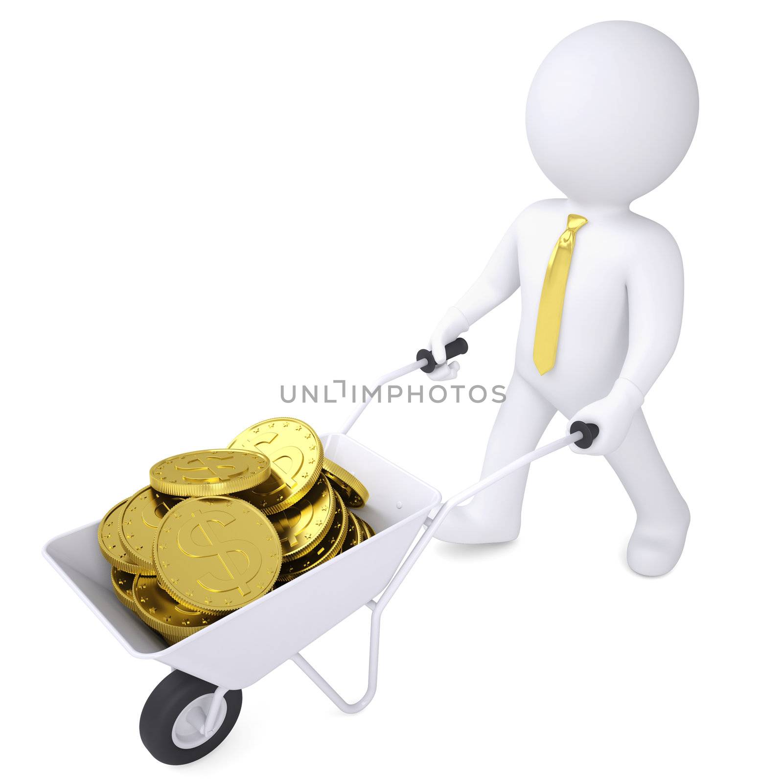 3d white man carries a wheelbarrow of gold coins by cherezoff