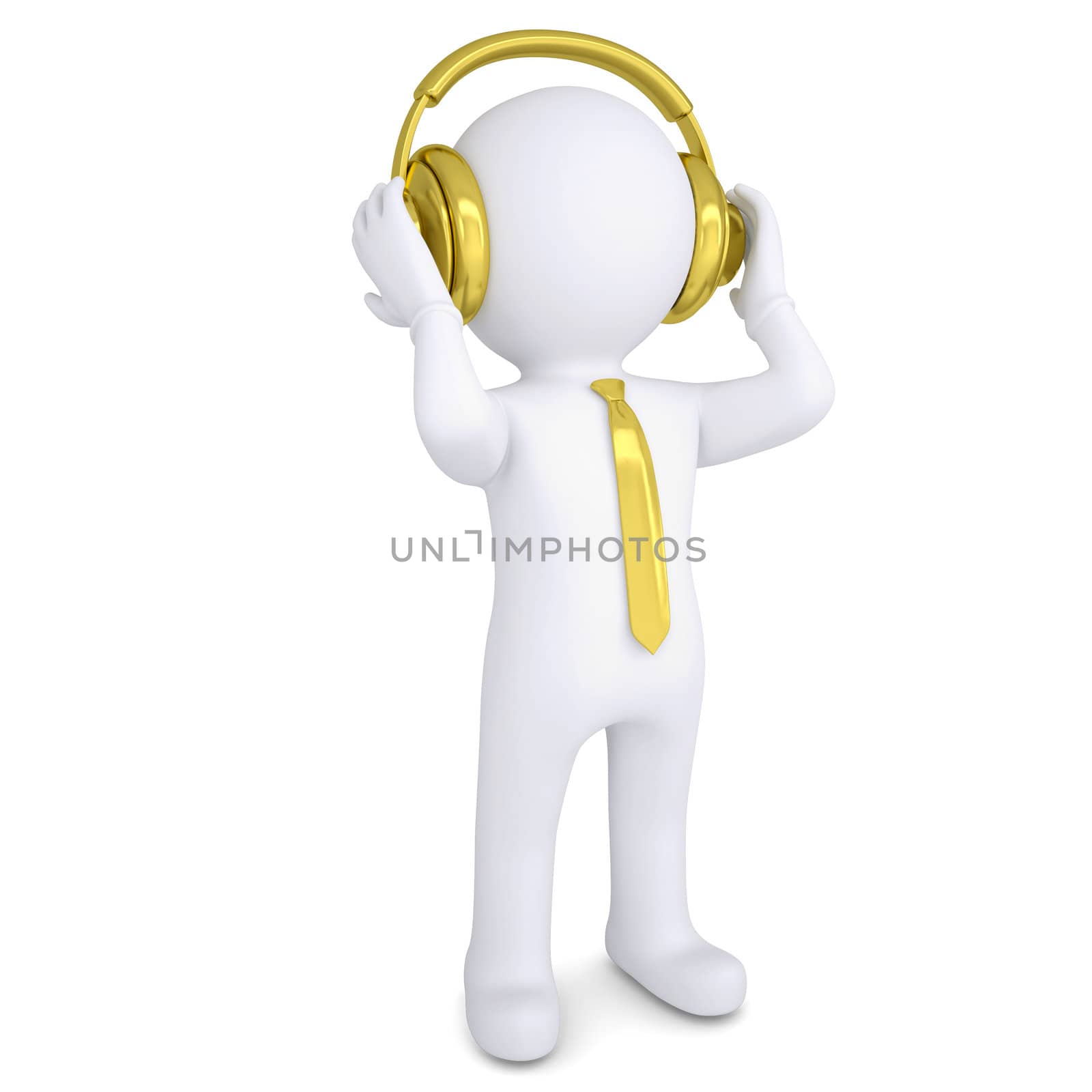 3d white man with the golden headphones. Isolated render on a white background