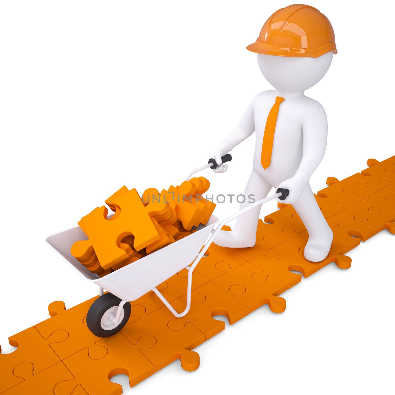 3d white man in a helmet carry in a wheelbarrow clay puzzles. Isolated render on a white background