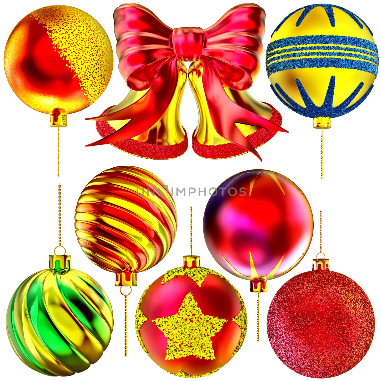 golden Christmas-tree bells with red bow and set of balls on white background