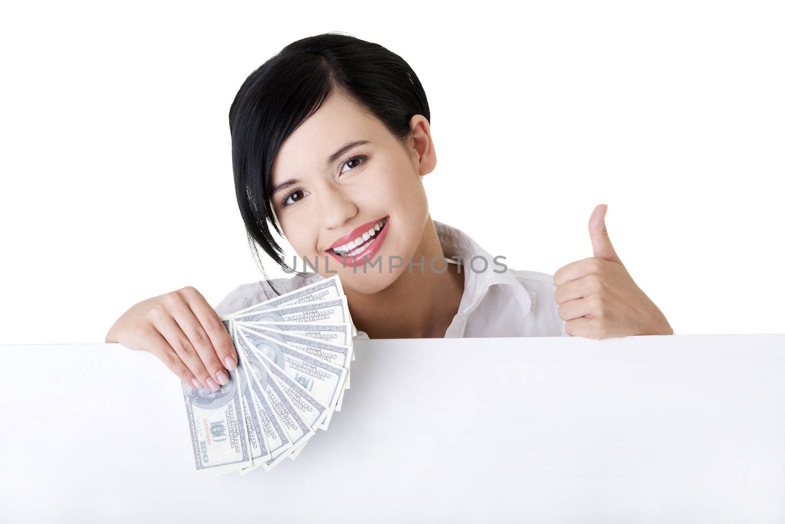 Business woman with blank sign board holding money.