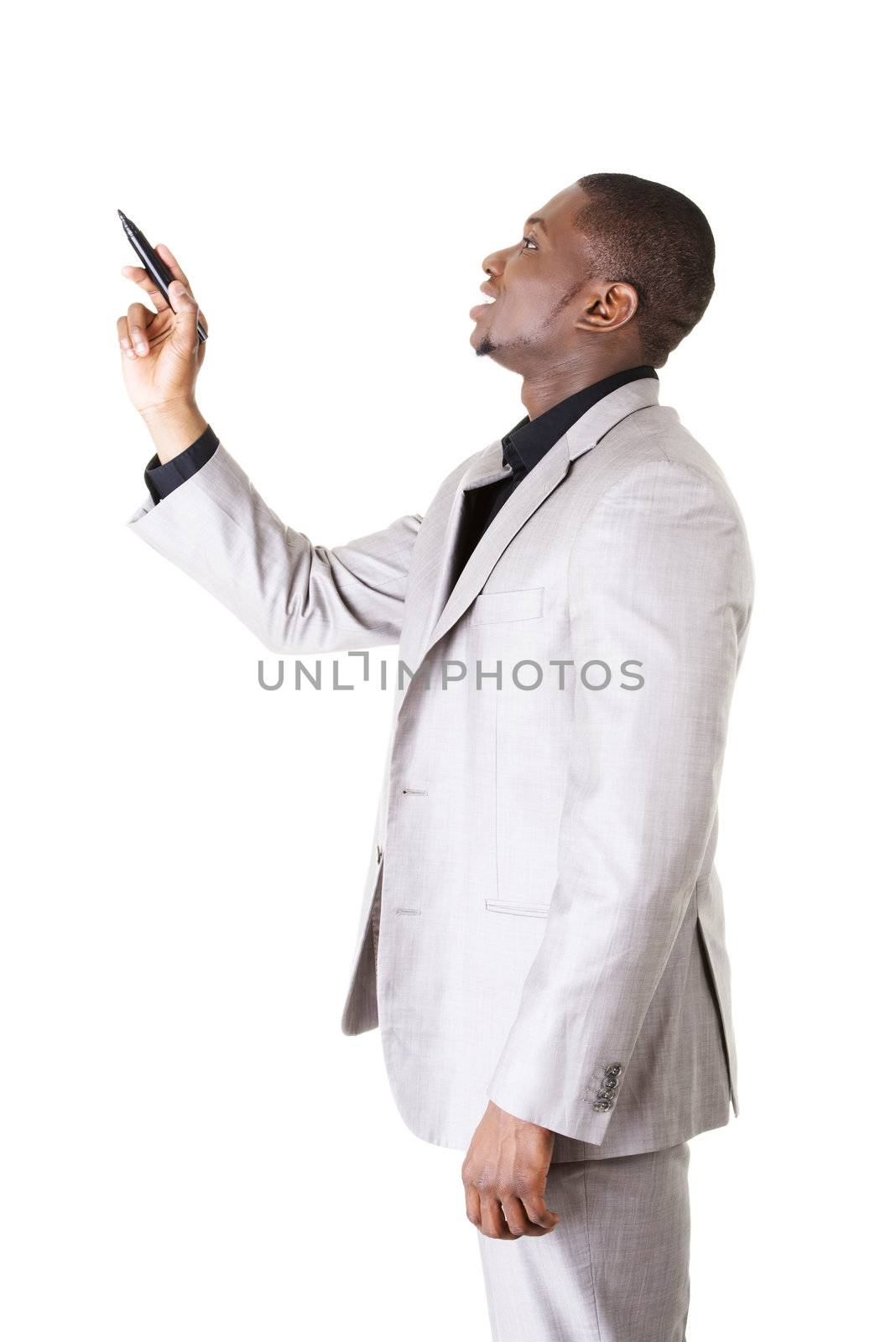 Businessman drawing something abstract with black marker, isolated on white background