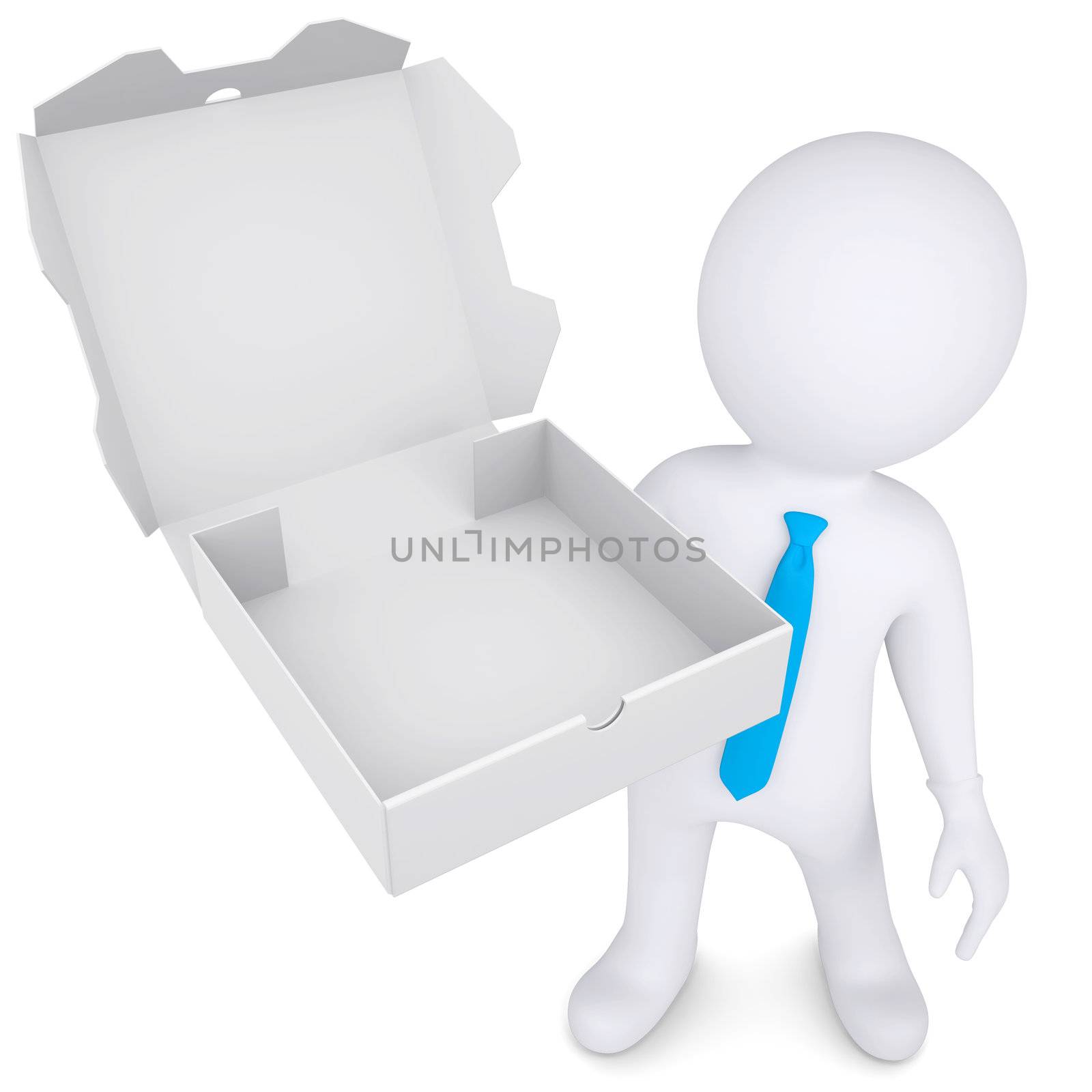 3d white man with an open box of a pizza. Isolated render on a white background