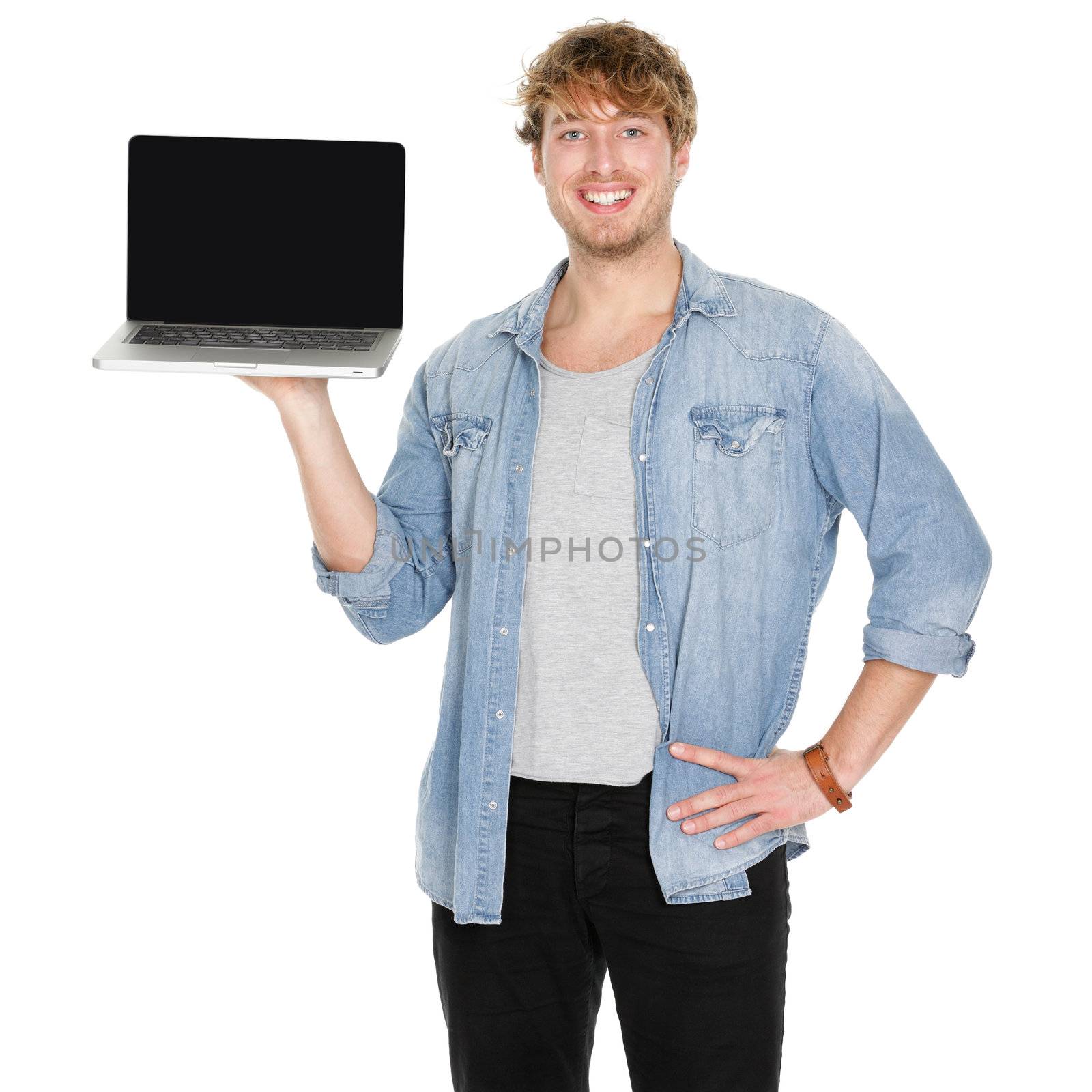 Young man student showing blank laptop computer screen smiling happy. Male university student or casual young man holding laptop smiling happy isolated on white background.