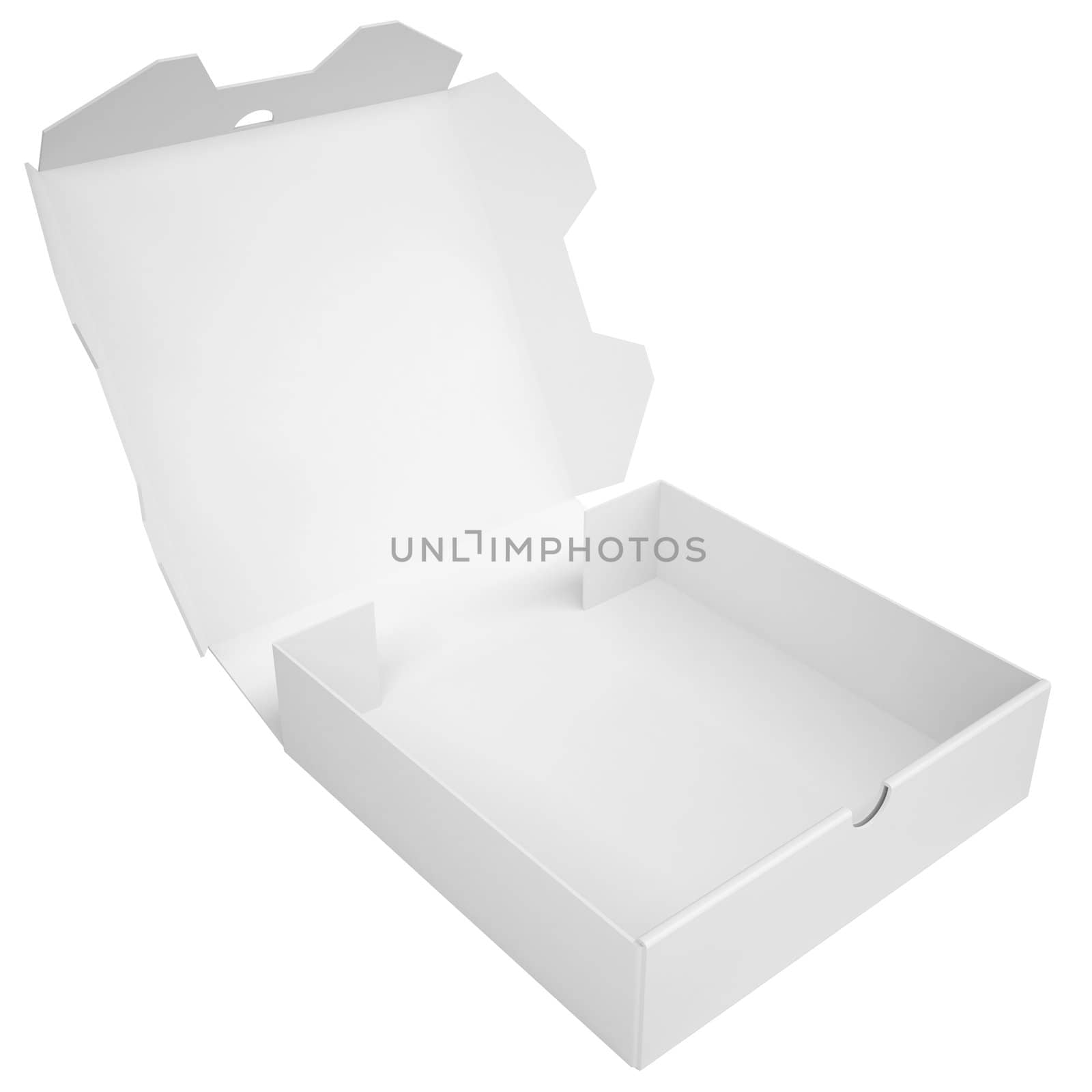 Open a box of pizza is empty. Isolated render on a white background