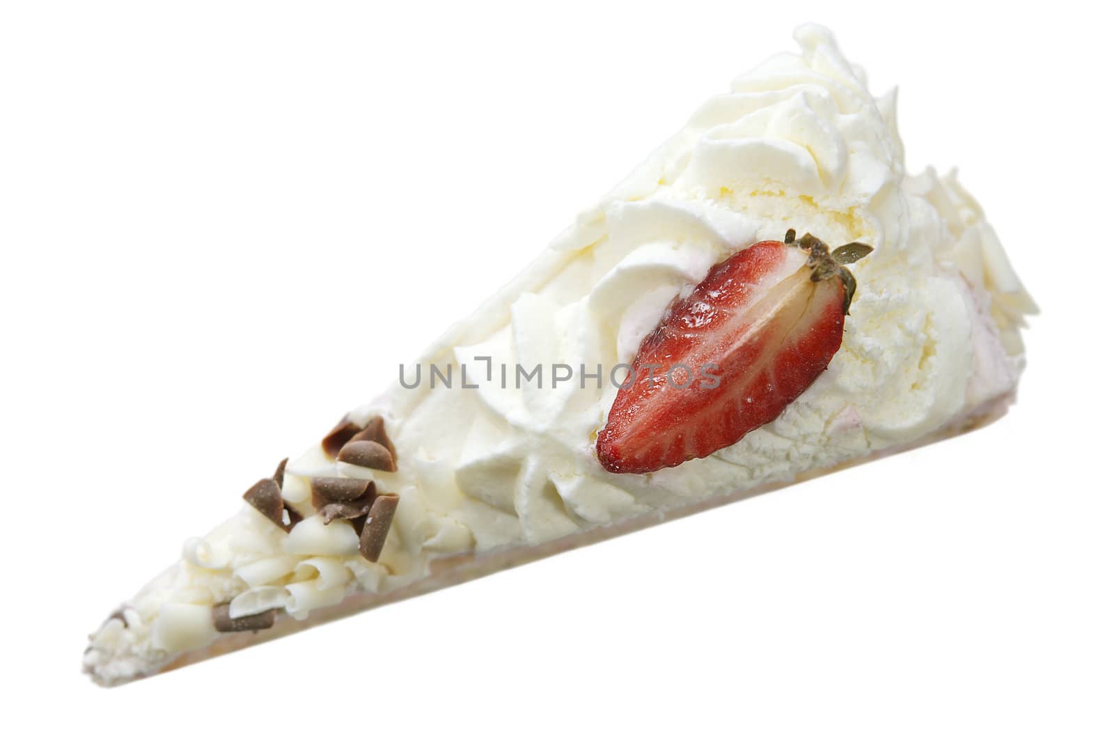 Slice of strawberry cream cake isolated on white background