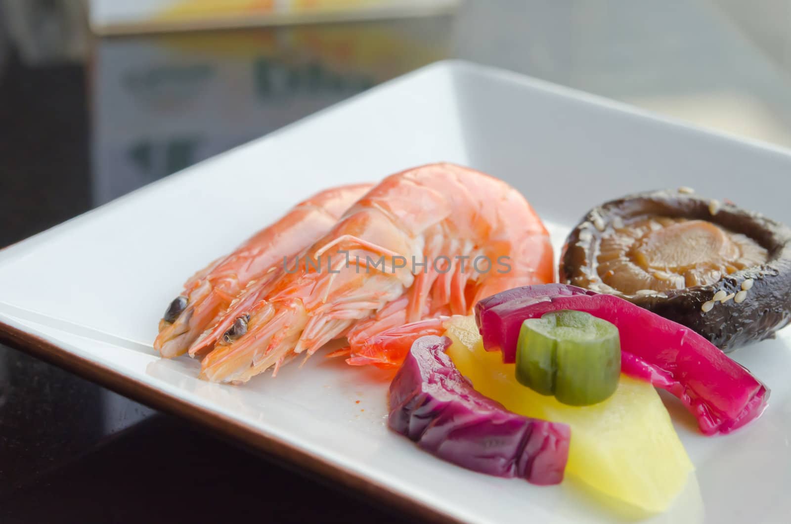 mix  pickled vegetable , mushroom and  boiled shrimps on dish