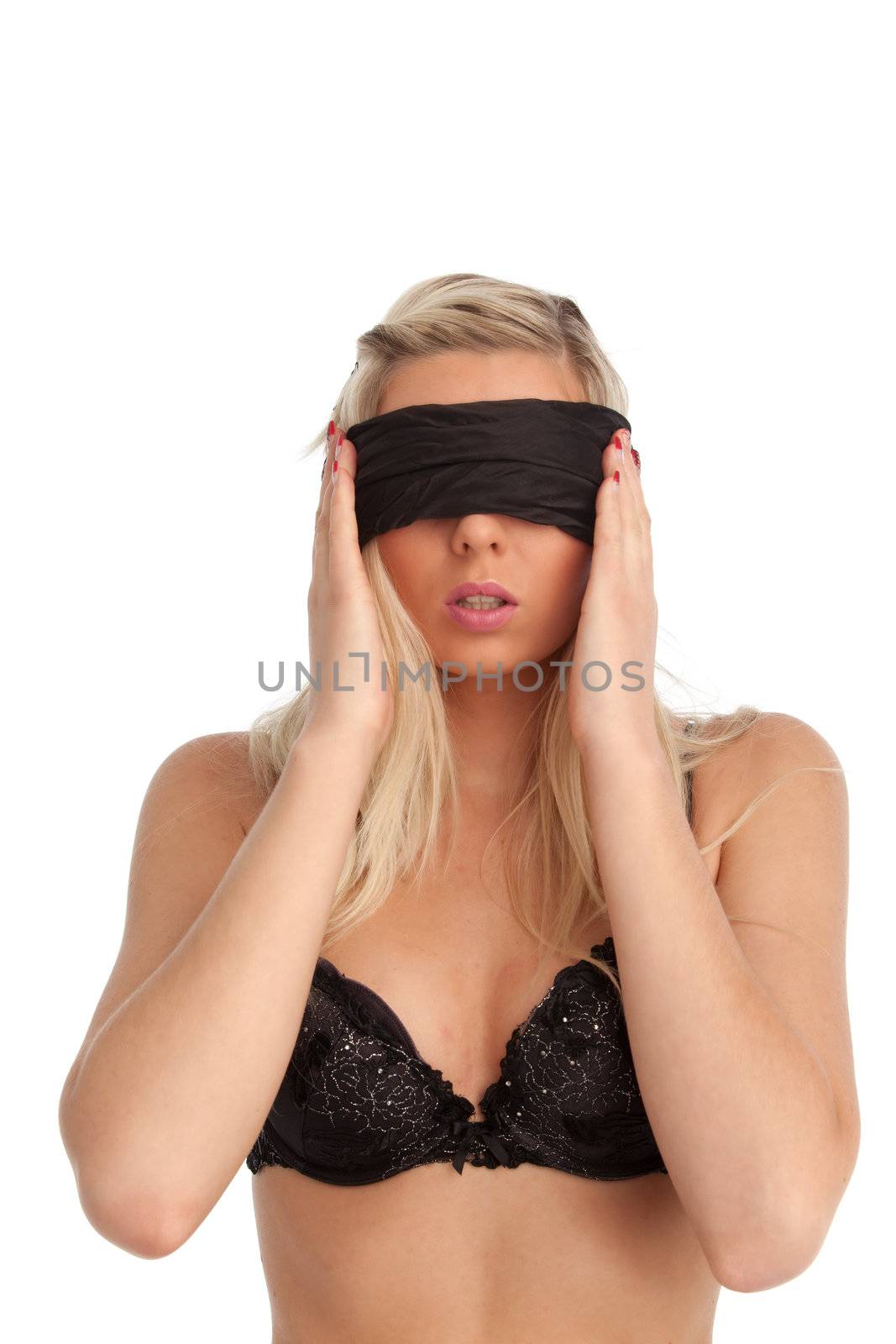 attractive woman blindfolded on white