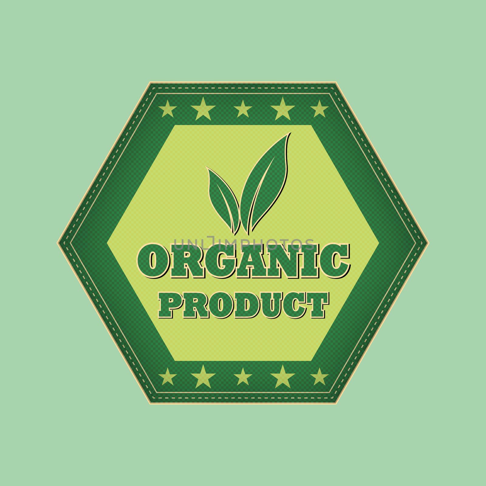 organic product and leaf sign - retro style green hexagon label with text, symbol and stars, business eco bio concept