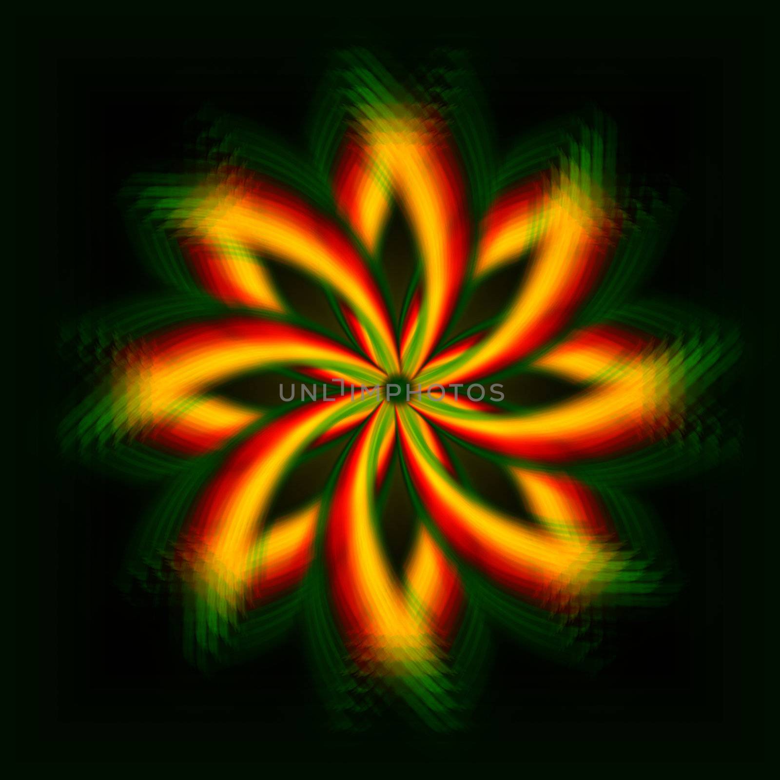 abstract shining yellow flower, rainbow rays lights in circles over dark background