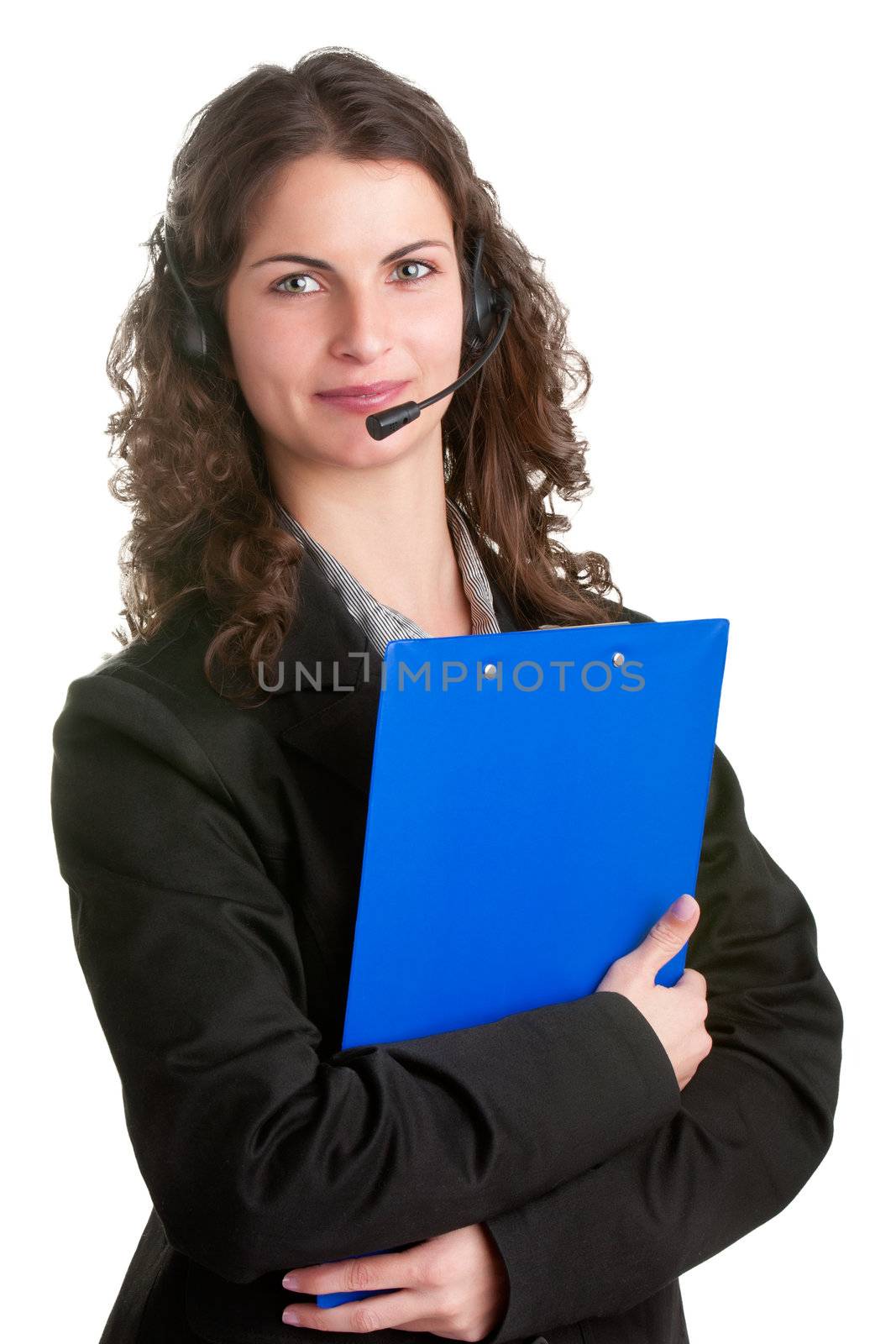 Corporate woman talking over her headset, isolated in a white background