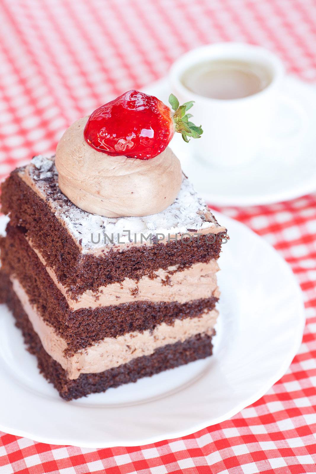 beautiful cake with strawberry and tea on plaid fabric by jannyjus