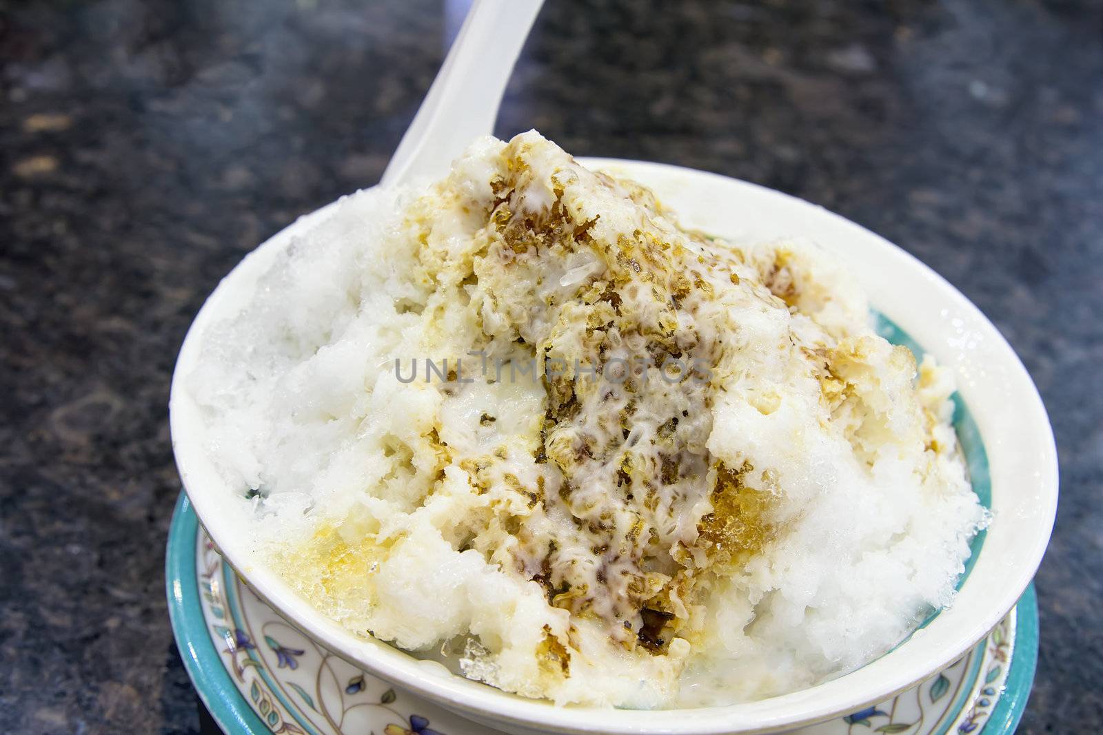 Cendol Shaved Ice Dessert with Gula Melaka Sugar Syrup and Coconut Milk