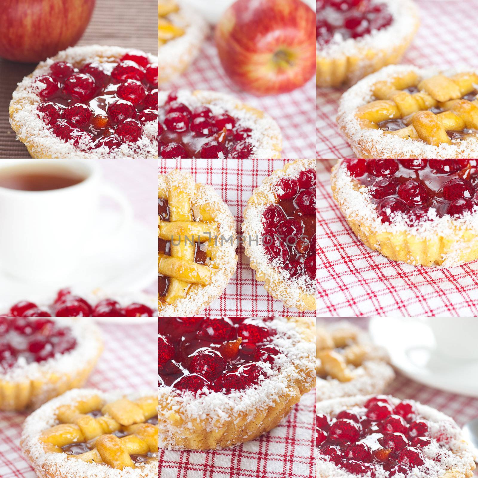 collage of beautiful cake with berries,apple and tea