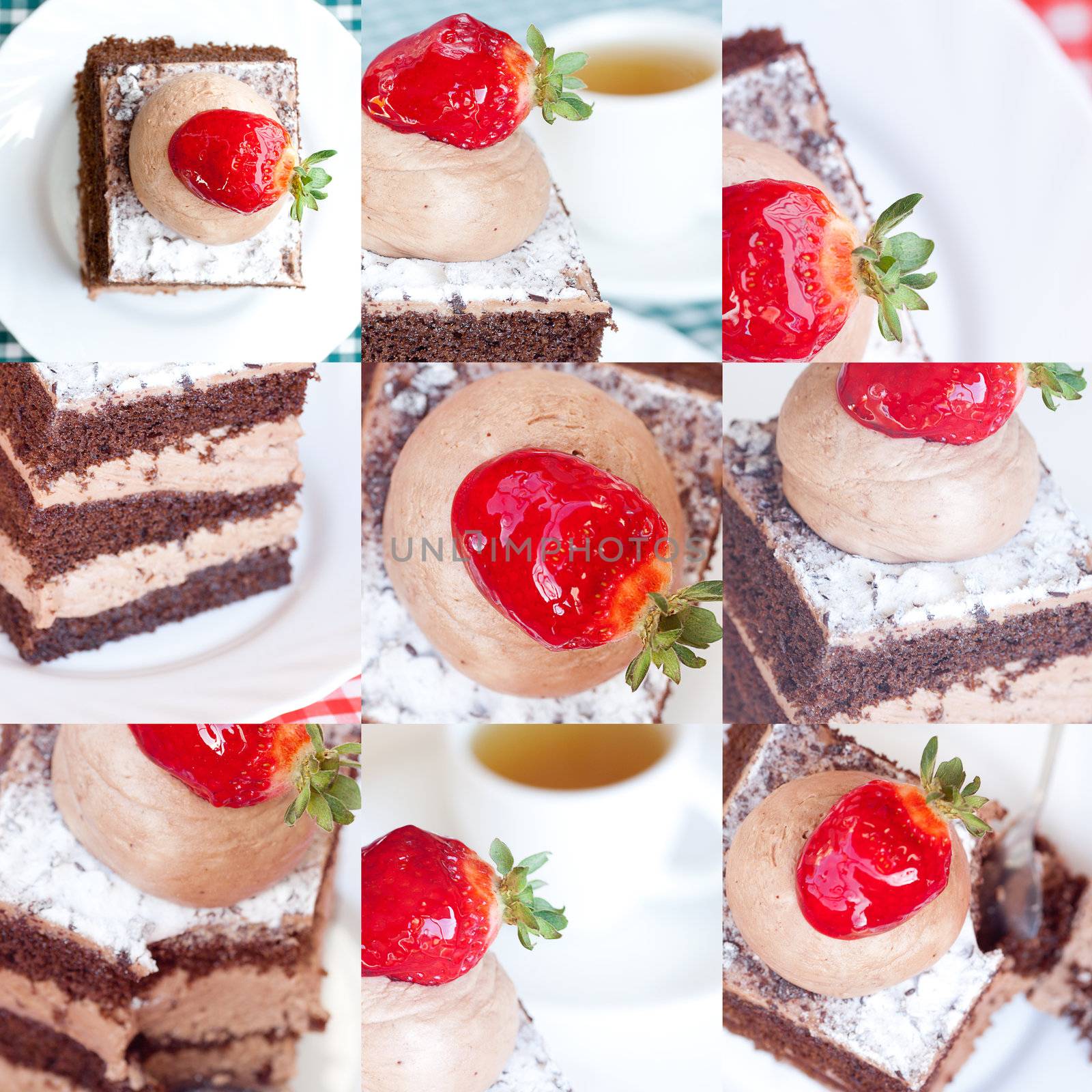 collage of beautiful cake with strawberry and tea by jannyjus