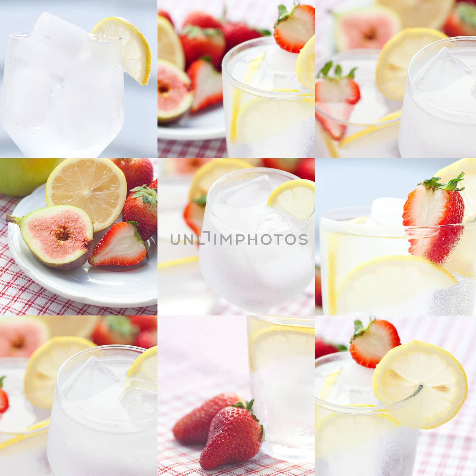 collage of cocktail with ice,lemon, fig and strawberries on a pl by jannyjus
