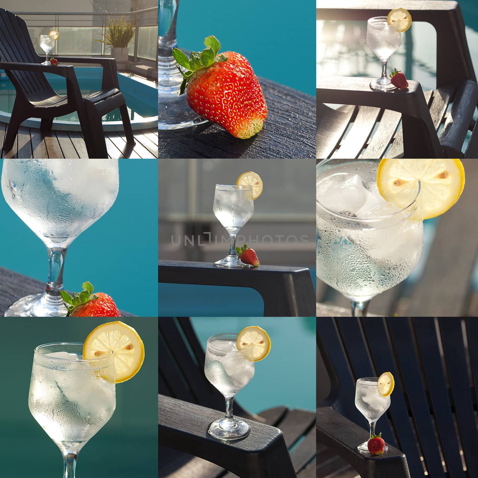 collage of swimming pool, lounge, a wine glass with ice, lemon a by jannyjus