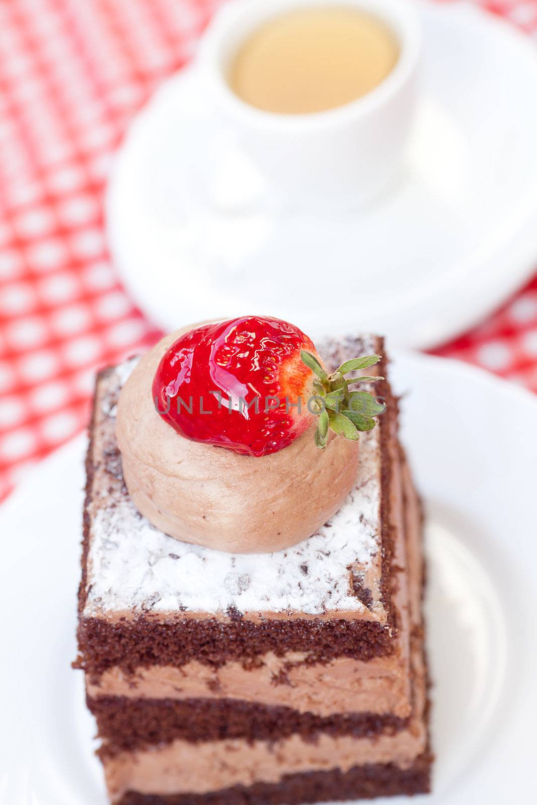 beautiful cake with strawberry and tea on plaid fabric