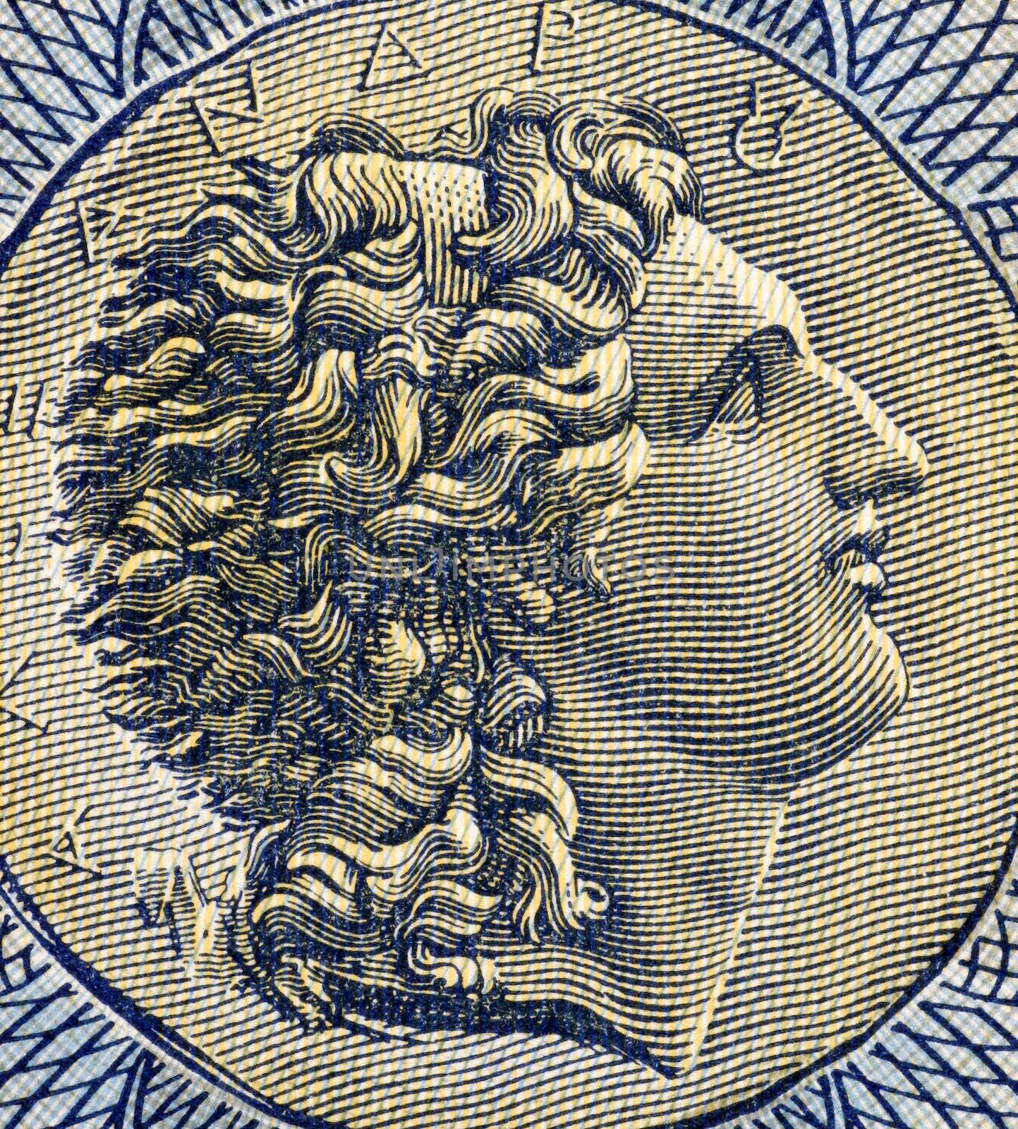 Alexander The Great (356-323BC) on 1000 Drachmai 1941 Banknote from Greece. King of Macedon, a state in northern ancient Greece and creator of one of the  largest empires of the ancient world while undefeated in battle. 