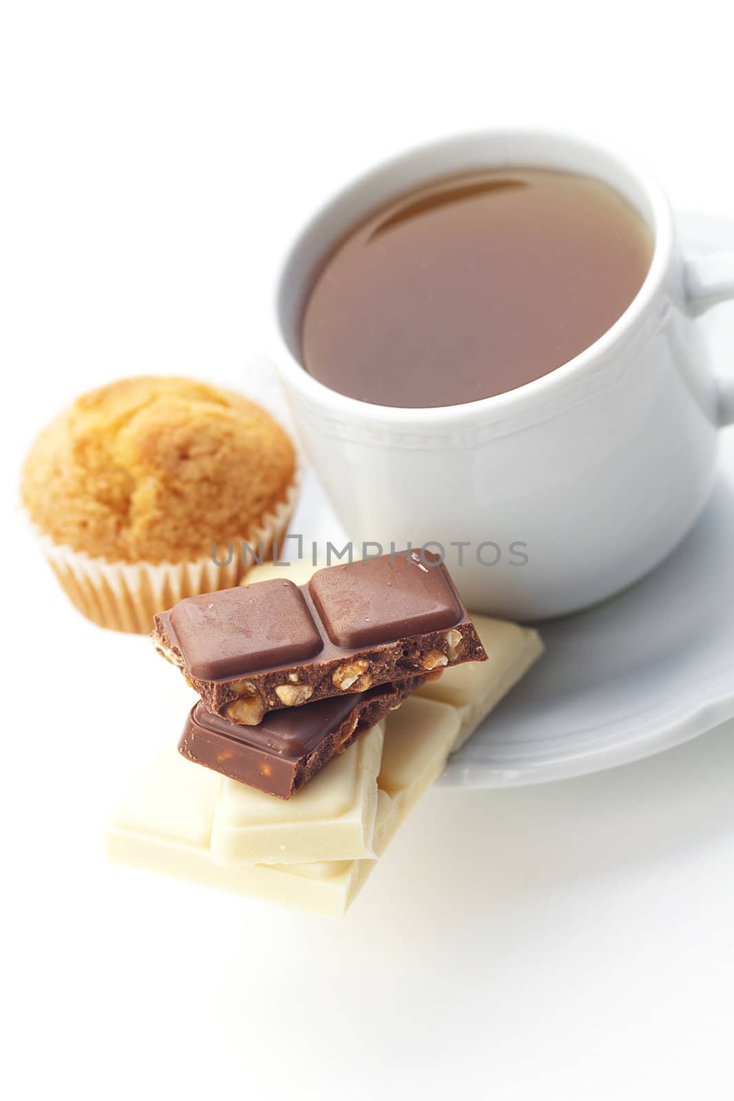 bar of chocolate,tea and muffin isolated on white by jannyjus