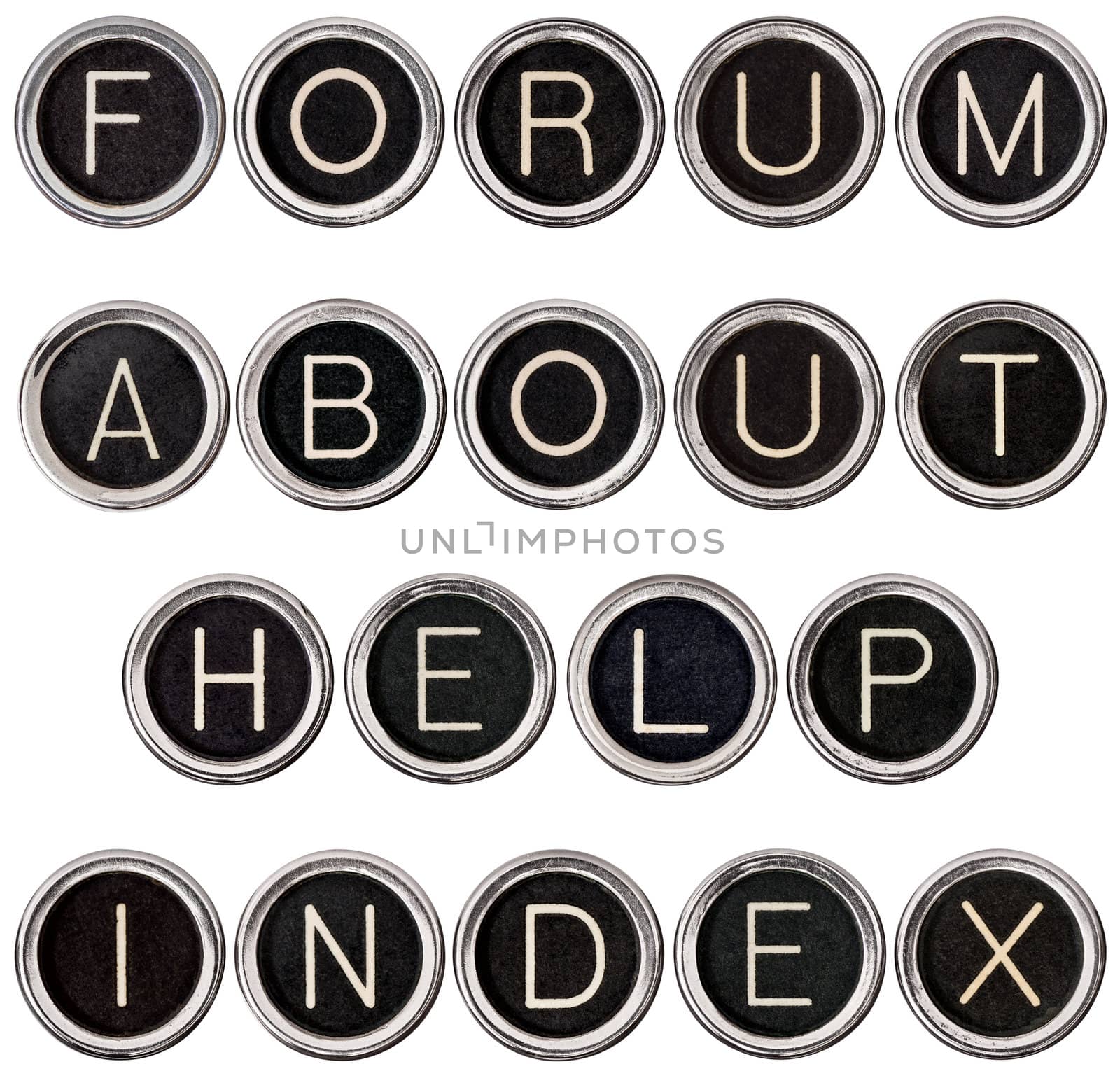 Forum, About, Help and Index banners formed from vintage typewriter keys. Isolated on white and includes clipping path. Each key photographed separately for best focus.
