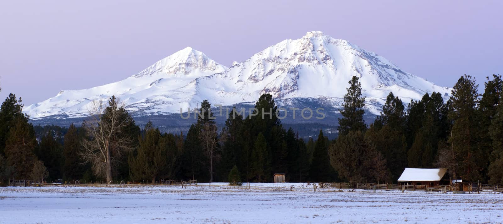 Winter at a Homestead Ranch at the Base of Three Sisters Mountains Oregon